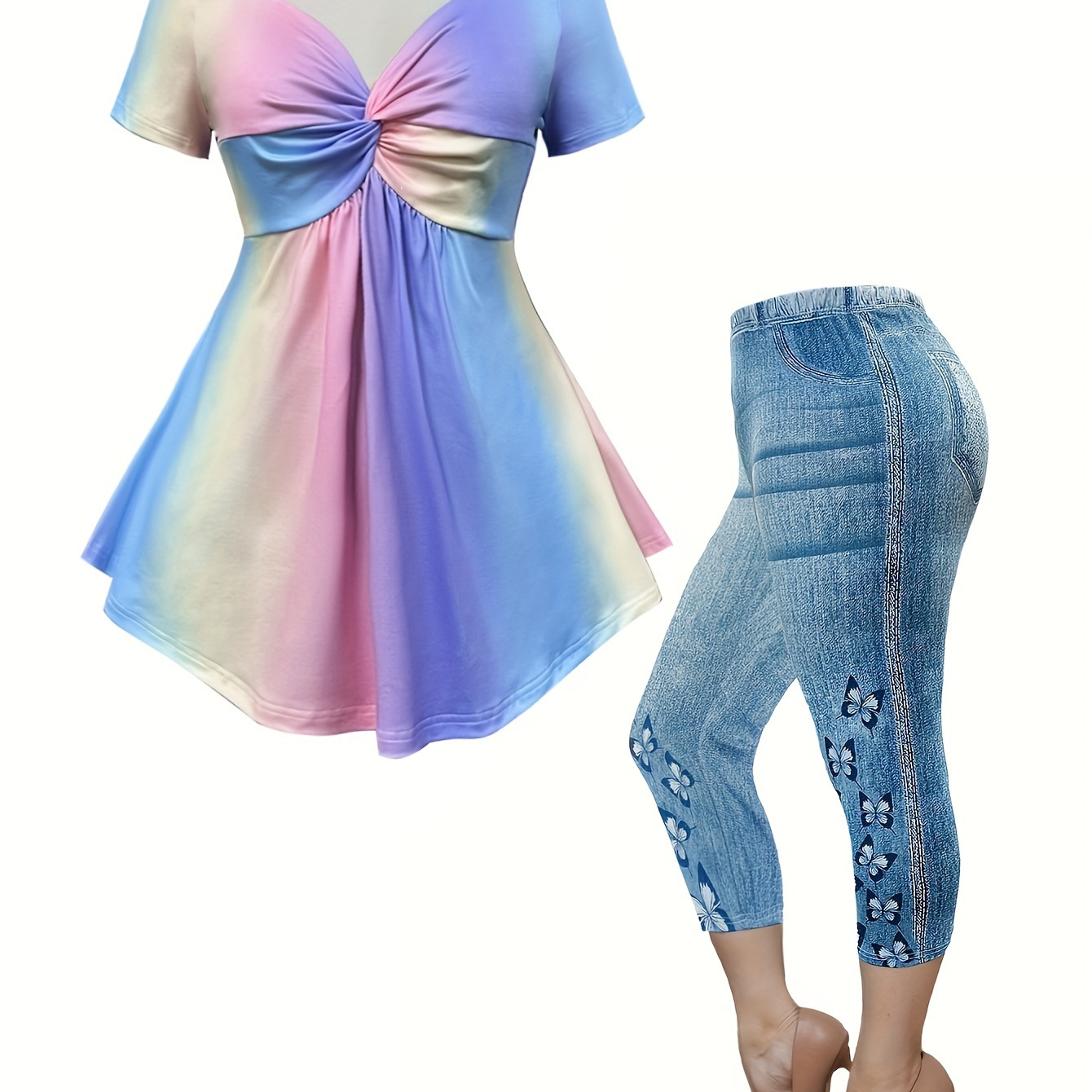 Plus Size Elegant Two-piece Set, Rainbow Print Twist Front Top & Print Pants Outfits, Women's Plus Size Clothing
Plus Size Elegant Two-piece Set, Rainbow Print Twist Front Top & Print Pants Outfits, Women's Plus Size Clothing
