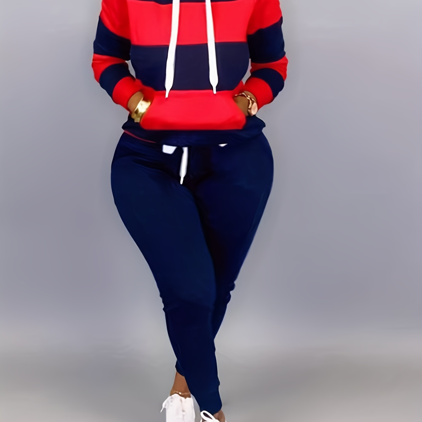 

Plus Size Casual Outfits 2 Piece Set, Women's Plus Colorblock Stripe Print Long Sleeve Drawstring Hoodie Sweatshirt & Joggers Outfits 2 Piece Set