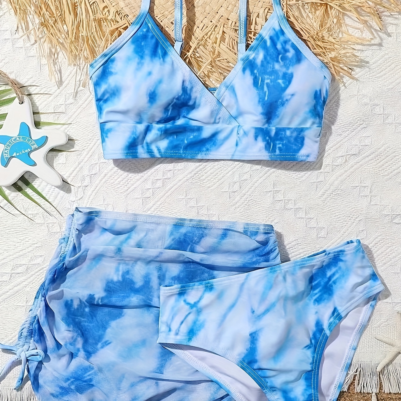 Girl's 3pcs Blue Tie Dye Bikini Bathing Suits, V-neck Adjustable Bikini Set + Cover-up Skirt Set Pool Swimwear Beach Holiday Swimsuit
Girl's 3pcs Blue Tie Dye Bikini Bathing Suits, V-neck Adjustable Bikini Set + Cover-up Skirt Set Pool Swimwear Beach Holiday Swimsuit