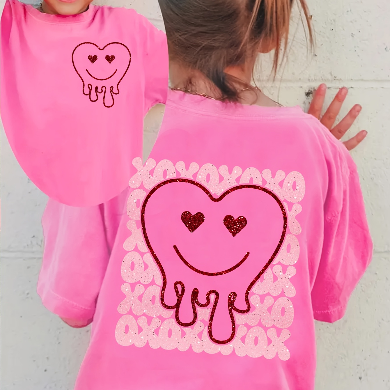 1pc Chicfull Girls' Valentine's Day Melted Heart Print T-shirt, Casual Crew Neck Knit Top With Front And Back Dual Prints, Polyester With Stretch, Regular Fit For Spring/summer - Tx60181
1pc Chicfull Girls' Valentine's Day Melted Heart Print T-shirt, Casual Crew Neck Knit Top With Front And Back Dual Prints, Polyester With Stretch, Regular Fit For Spring/summer - Tx60181