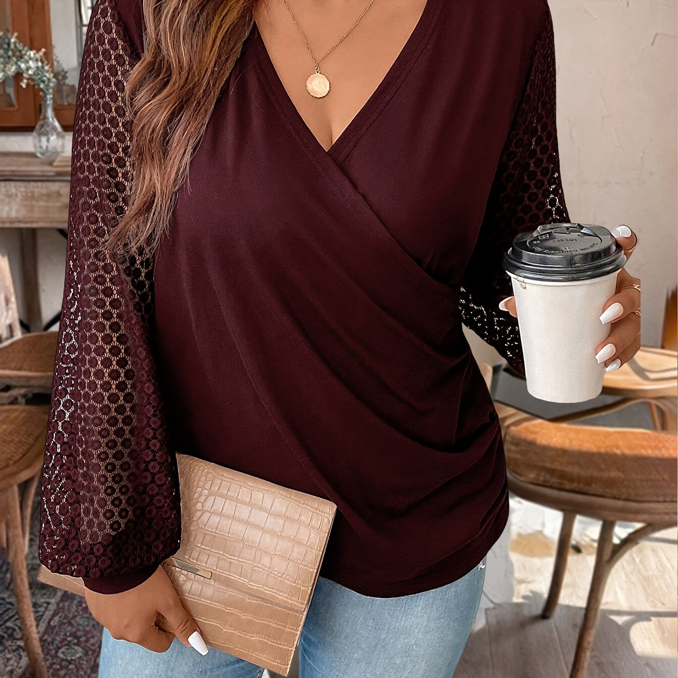 Plus Size Lace Stitching Surplice Neck T-shirt, Elegant Long Sleeve Draped Top For Spring & Fall, Women's Plus Size Clothing
Plus Size Lace Stitching Surplice Neck T-shirt, Elegant Long Sleeve Draped Top For Spring & Fall, Women's Plus Size Clothing