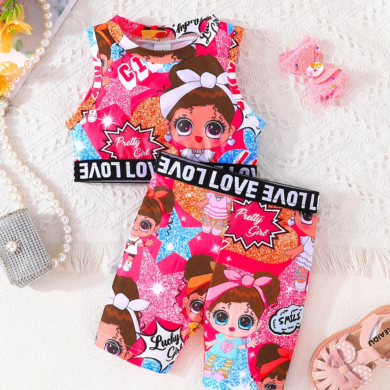 2pcs Infant & Toddler's Cartoon Girl & Letter All-over Print Summer Outfit, Tank Top & Shorts, Baby Girl's Clothes
2pcs Infant & Toddler's Cartoon Girl & Letter All-over Print Summer Outfit, Tank Top & Shorts, Baby Girl's Clothes