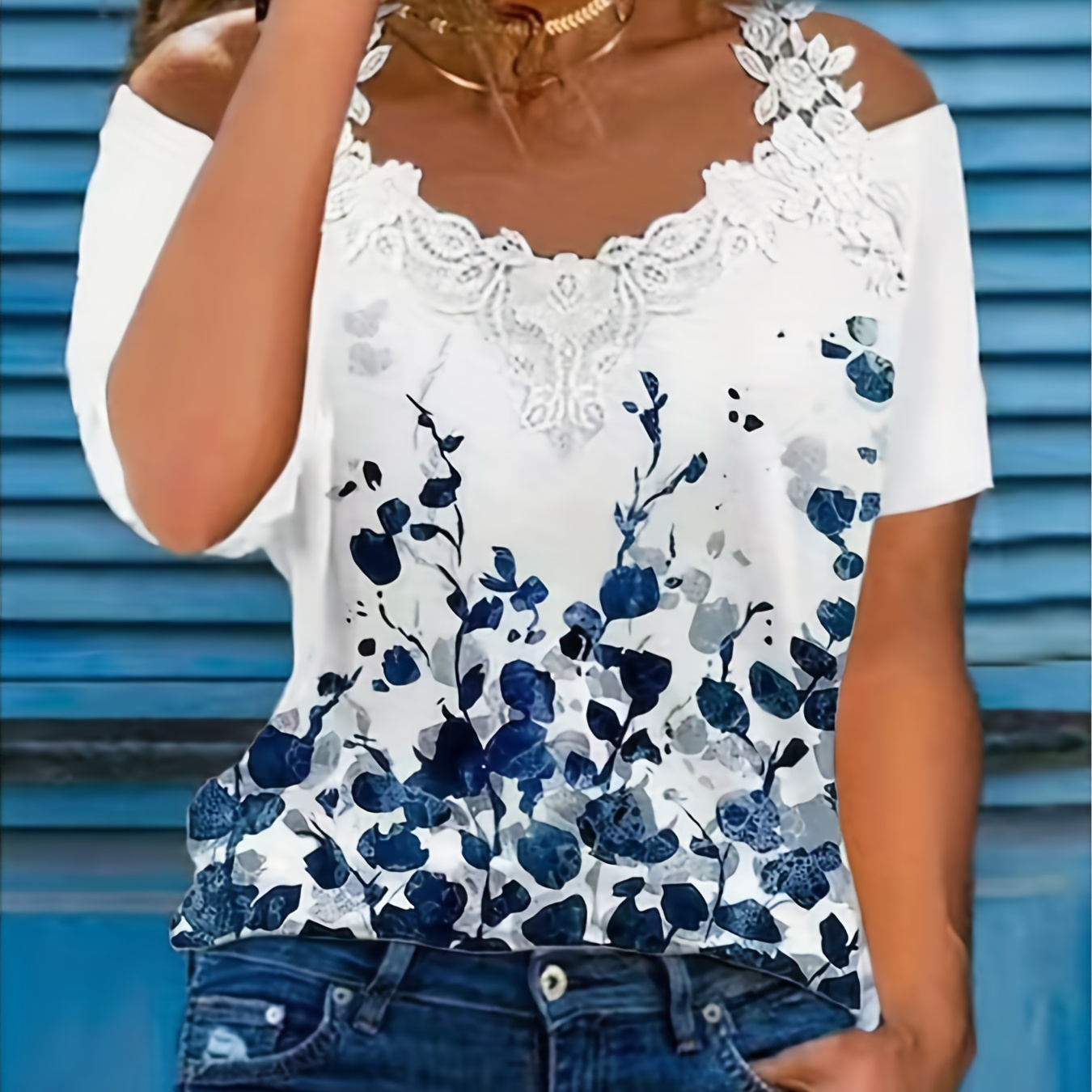 

Floral Print Cold Shoulder T-shirt, Casual Lace Strap Short Sleeve T-shirt For Spring & Summer, Women's Clothing