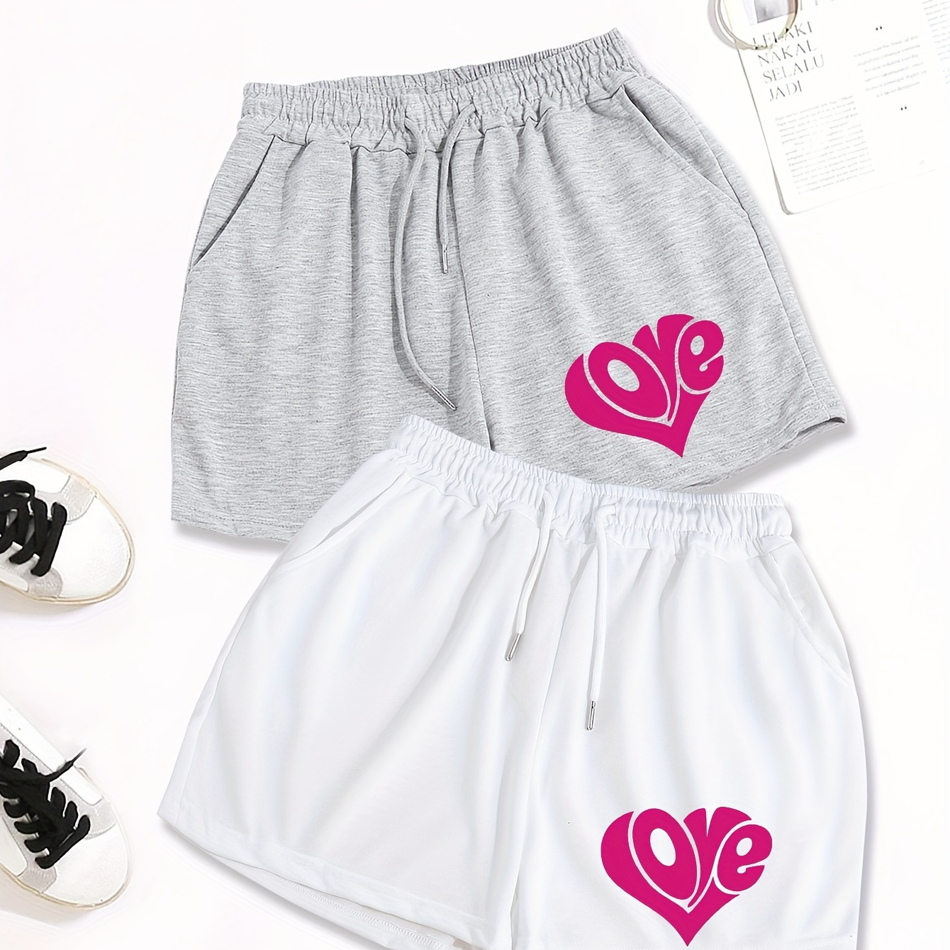 Love Print Drawstring Shorts 2 Pack, Casual Slant Pocket Shorts For Spring & Summer, Women's Clothing
Love Print Drawstring Shorts 2 Pack, Casual Slant Pocket Shorts For Spring & Summer, Women's Clothing