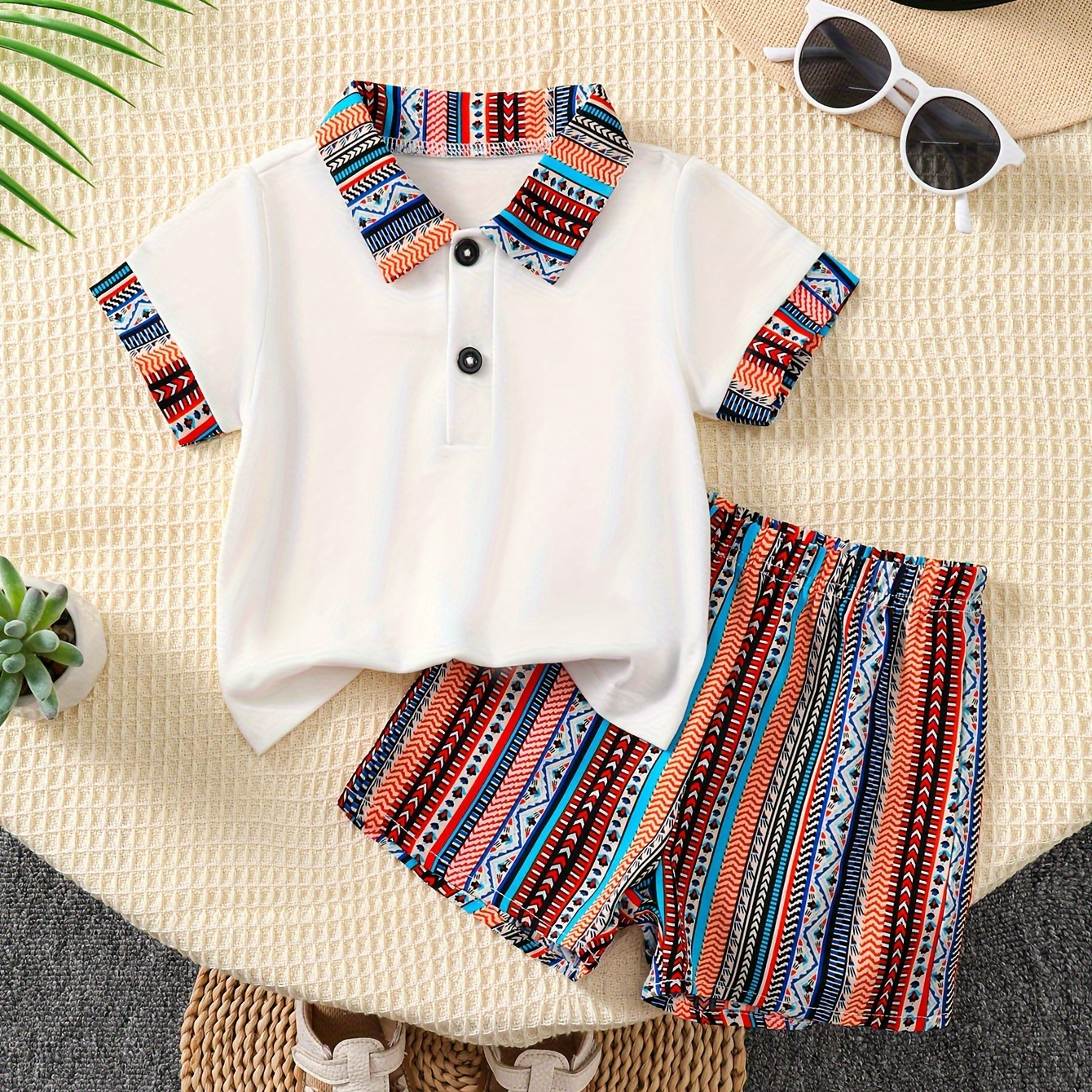 Baby Boys Ethnic Style Summer Outfit, Short Sleeve Lapel Shirt & Creative Pattern Shorts Set
Baby Boys Ethnic Style Summer Outfit, Short Sleeve Lapel Shirt & Creative Pattern Shorts Set