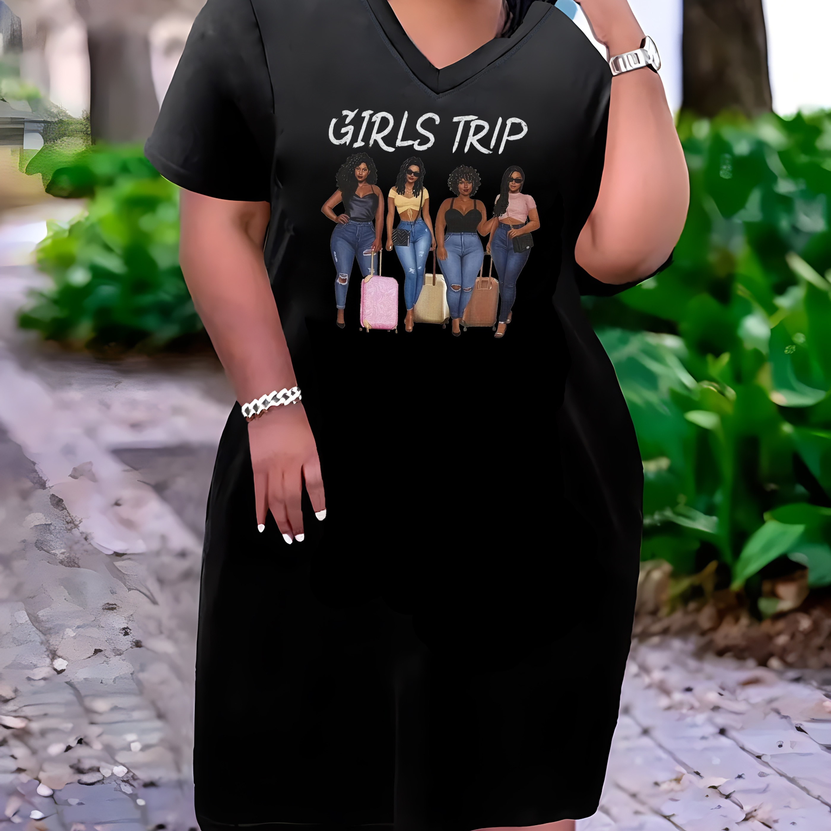Plus Size Girls Trip Print Dress, Casual Short Sleeve V Neck Dress For Spring & Summer, Women's Plus Size Clothing
Plus Size Girls Trip Print Dress, Casual Short Sleeve V Neck Dress For Spring & Summer, Women's Plus Size Clothing