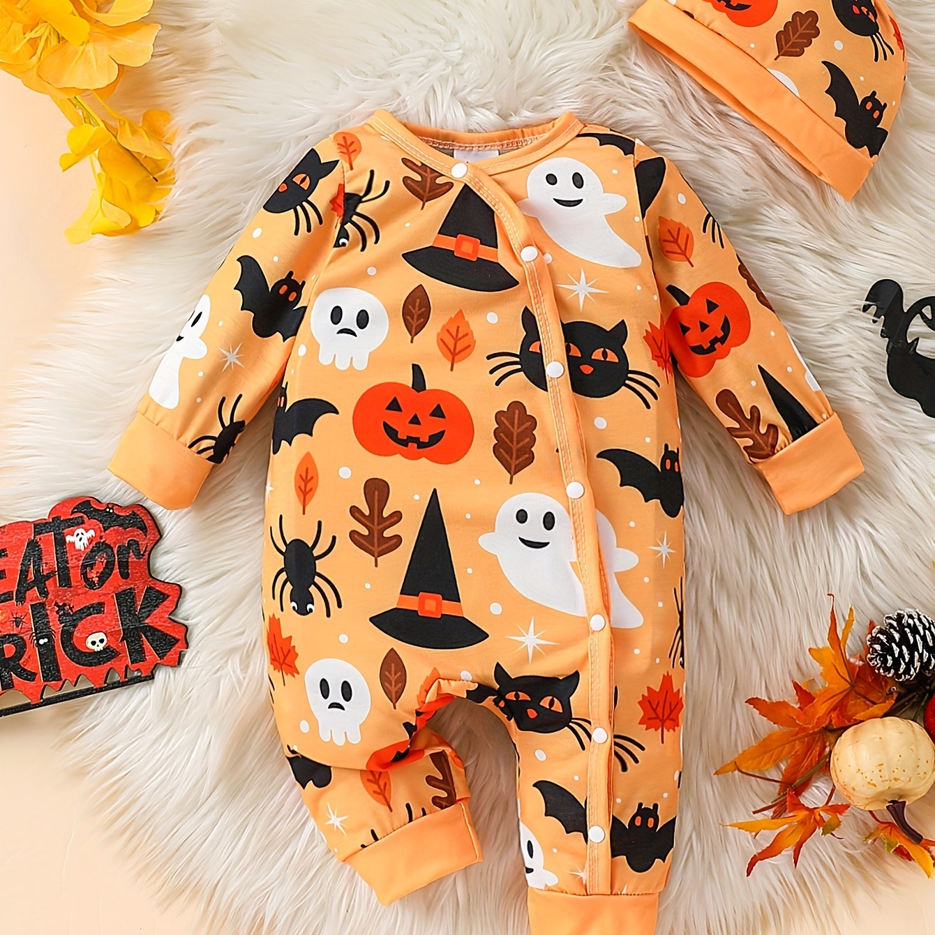 Baby's Cartoon Halloween Element Pattern Casual Long Sleeve Romper & Hat, Toddler & Infant Boy's Bodysuit
Baby's Cartoon Halloween Element Pattern Casual Long Sleeve Romper & Hat, Toddler & Infant Boy's Bodysuit
