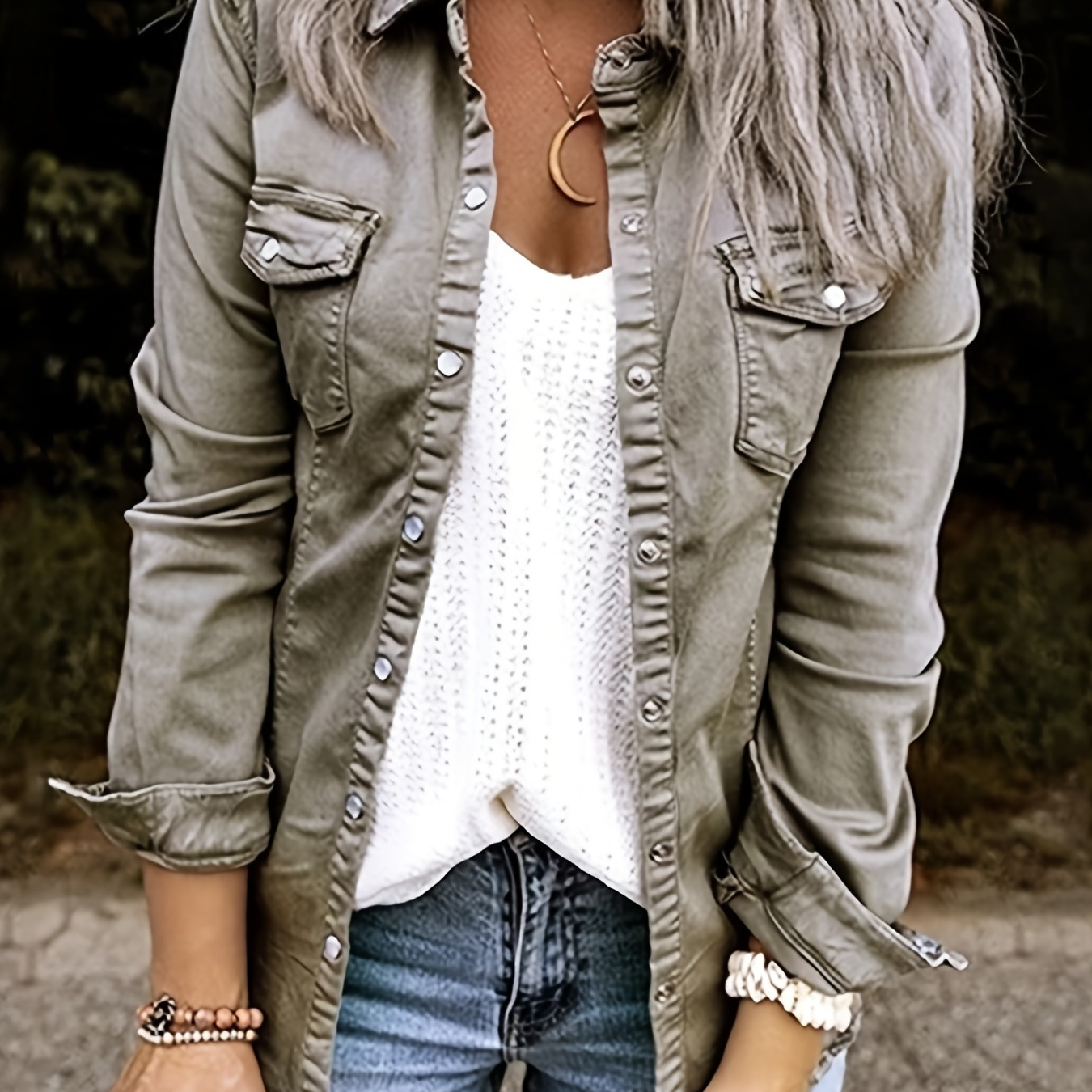 Grey Long Sleeve Flap Pockets Denim Coats Single Breasted Button Lapel