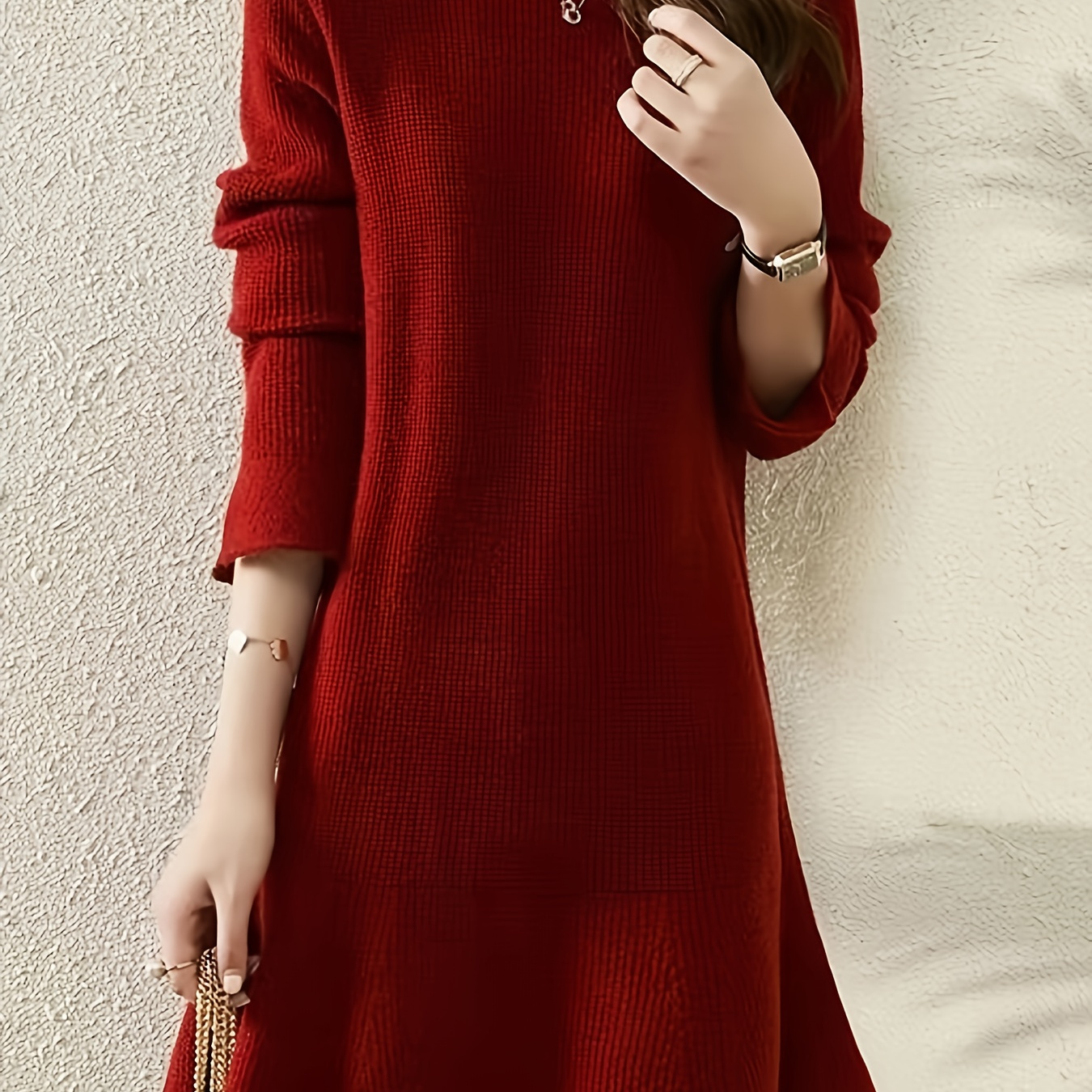 Solid Color Crew Neck Dress, Elegant Long Sleeve Knitted Dress For Fall & Winter, Women's Clothing
Solid Color Crew Neck Dress, Elegant Long Sleeve Knitted Dress For Fall & Winter, Women's Clothing