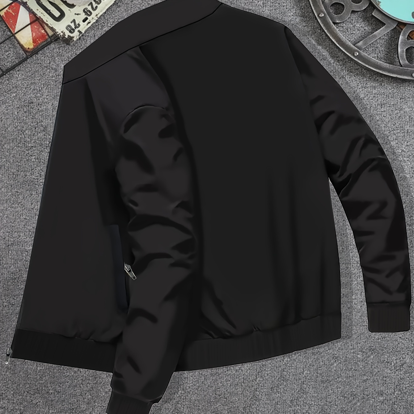 Plus Size Men's Solid Band Collar Jacket For Spring Fall, Trendy Casual Baseball Jacket For Outdoor
Plus Size Men's Solid Band Collar Jacket For Spring Fall, Trendy Casual Baseball Jacket For Outdoor