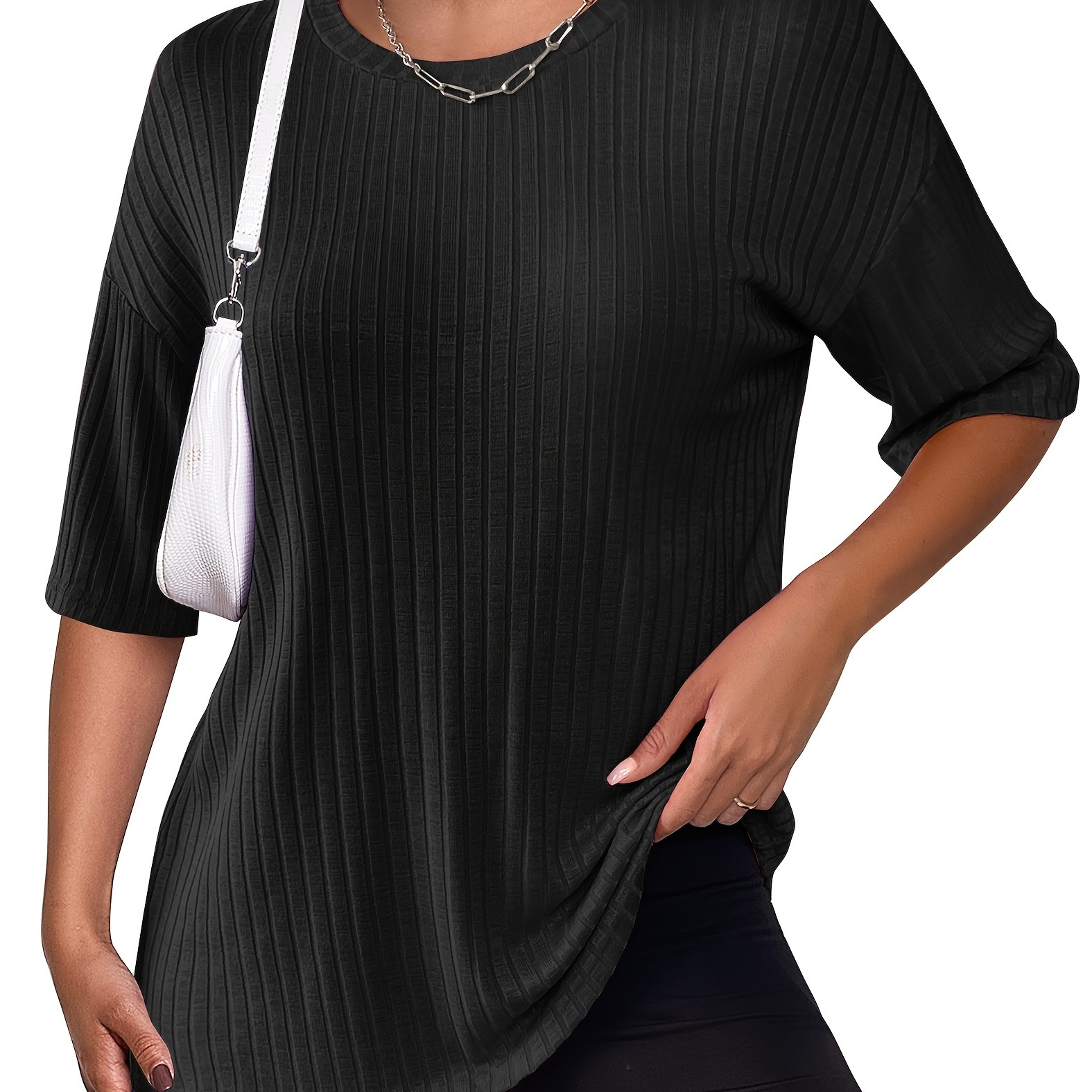 Solid Ribbed Crew Neck Pullover Sweater, Casual Short Sleeve Long Length Knitted Sweater For Spring & Summer, Women's Clothing
Solid Ribbed Crew Neck Pullover Sweater, Casual Short Sleeve Long Length Knitted Sweater For Spring & Summer, Women's Clothing