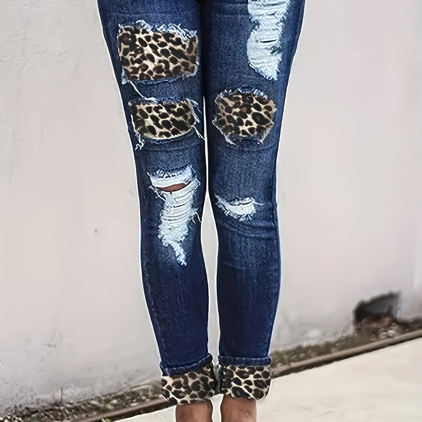 Women's Distressed Leopard Print Patchwork Ripped Denim Jeans, Casual Style, Ankle-length Denim Pants For Autumn
Women's Distressed Leopard Print Patchwork Ripped Denim Jeans, Casual Style, Ankle-length Denim Pants For Autumn