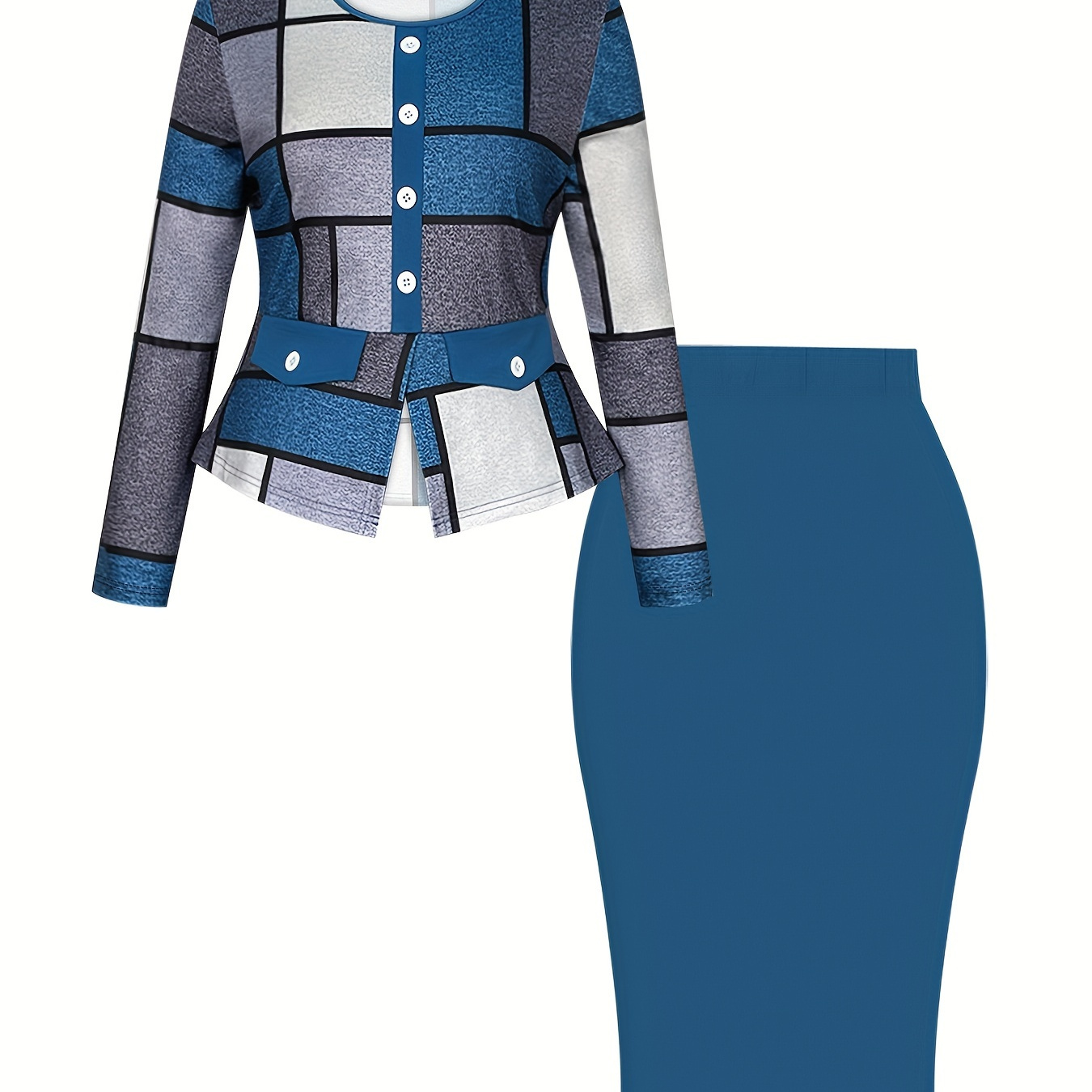 Elegant Pattern Skirt Set, Button Front Long Sleeve Top & Slim Fit Midi Skirt Outfits, Women's Clothing
Elegant Pattern Skirt Set, Button Front Long Sleeve Top & Slim Fit Midi Skirt Outfits, Women's Clothing