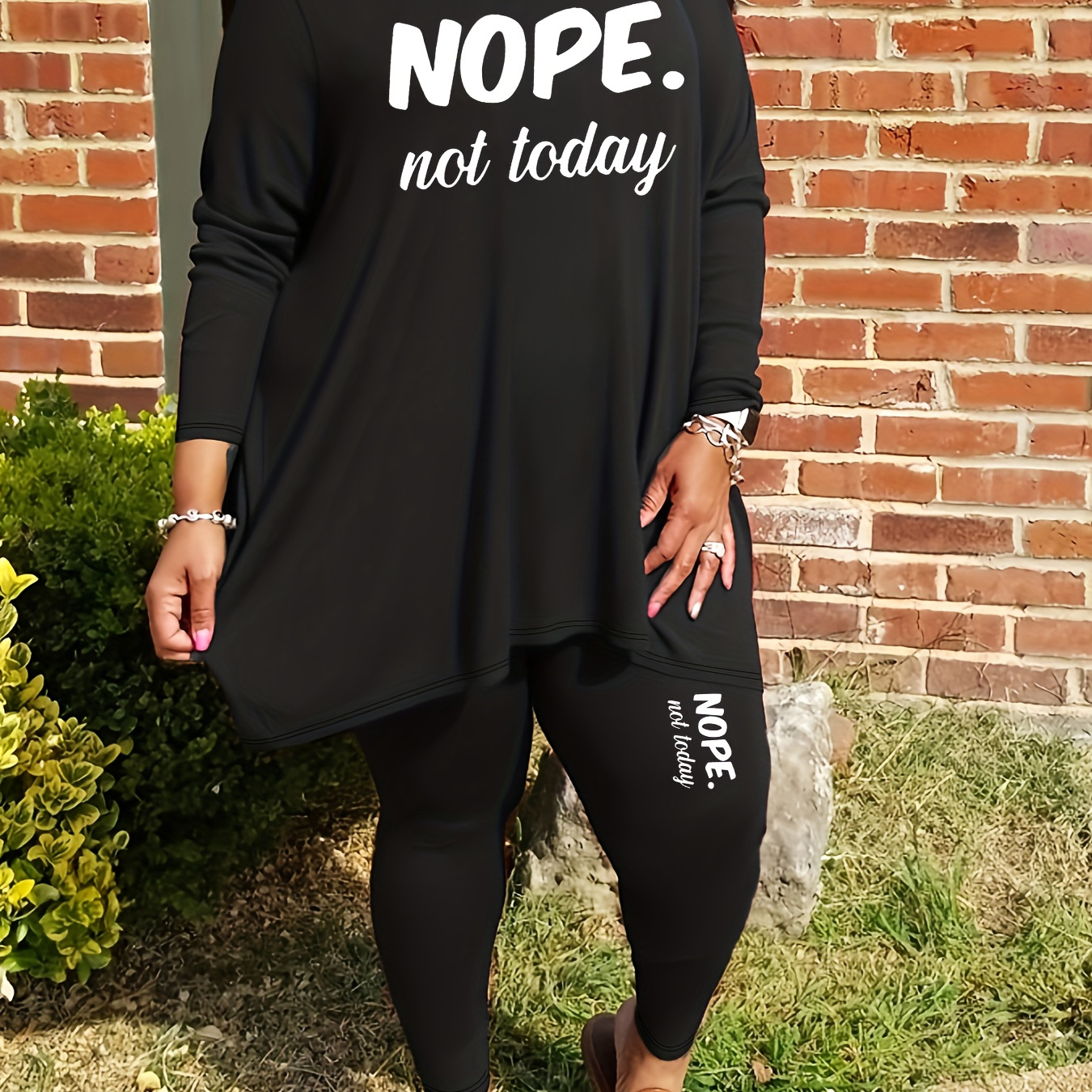 Plus Size Casual Outfits Set, Women's Plus Slogan Print Long Sleeve Round Neck Tunic Top & Leggings Outfits 2 Piece Set
Plus Size Casual Outfits Set, Women's Plus Slogan Print Long Sleeve Round Neck Tunic Top & Leggings Outfits 2 Piece Set