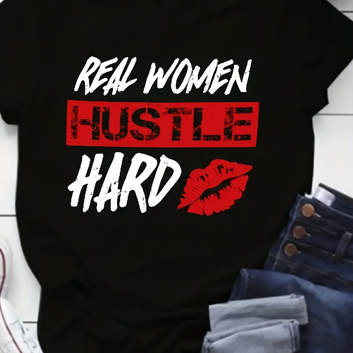 Real Woman Hustle Hard Print T-shirt, Casual Crew Neck Short Sleeve Top For Spring & Summer, Women's Clothing
Real Woman Hustle Hard Print T-shirt, Casual Crew Neck Short Sleeve Top For Spring & Summer, Women's Clothing