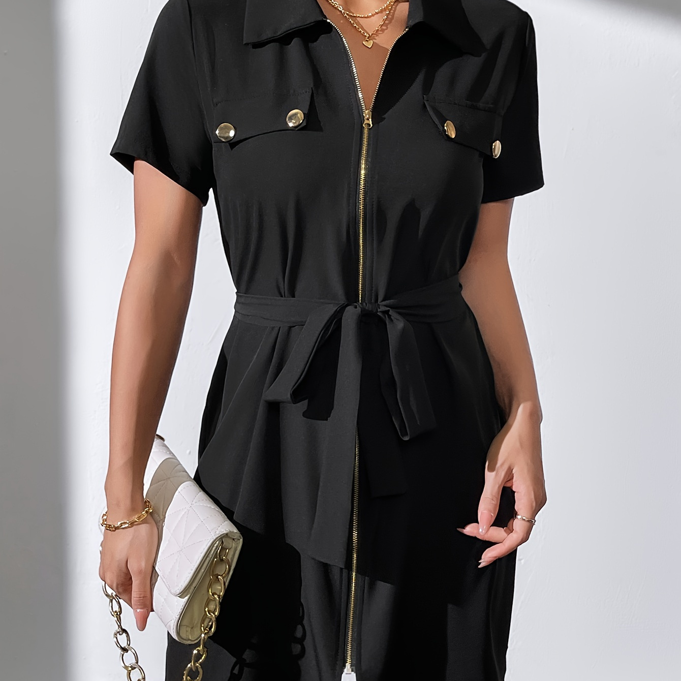 Zipper Front Solid Lapel Dress, Casual Short Sleeve Tie Waist Button Dress For Spring & Summer, Women's Clothing
Zipper Front Solid Lapel Dress, Casual Short Sleeve Tie Waist Button Dress For Spring & Summer, Women's Clothing