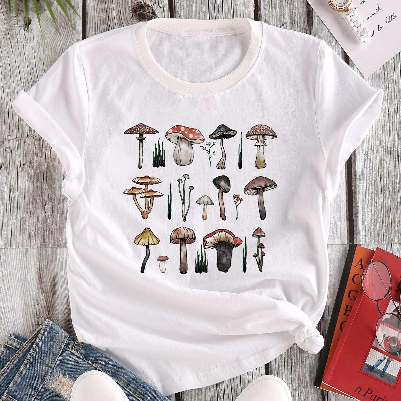 

Mushroom Print T-shirt, Crew Neck Short Sleeve T-shirt, Casual Every Day Tops, Women's Clothing
