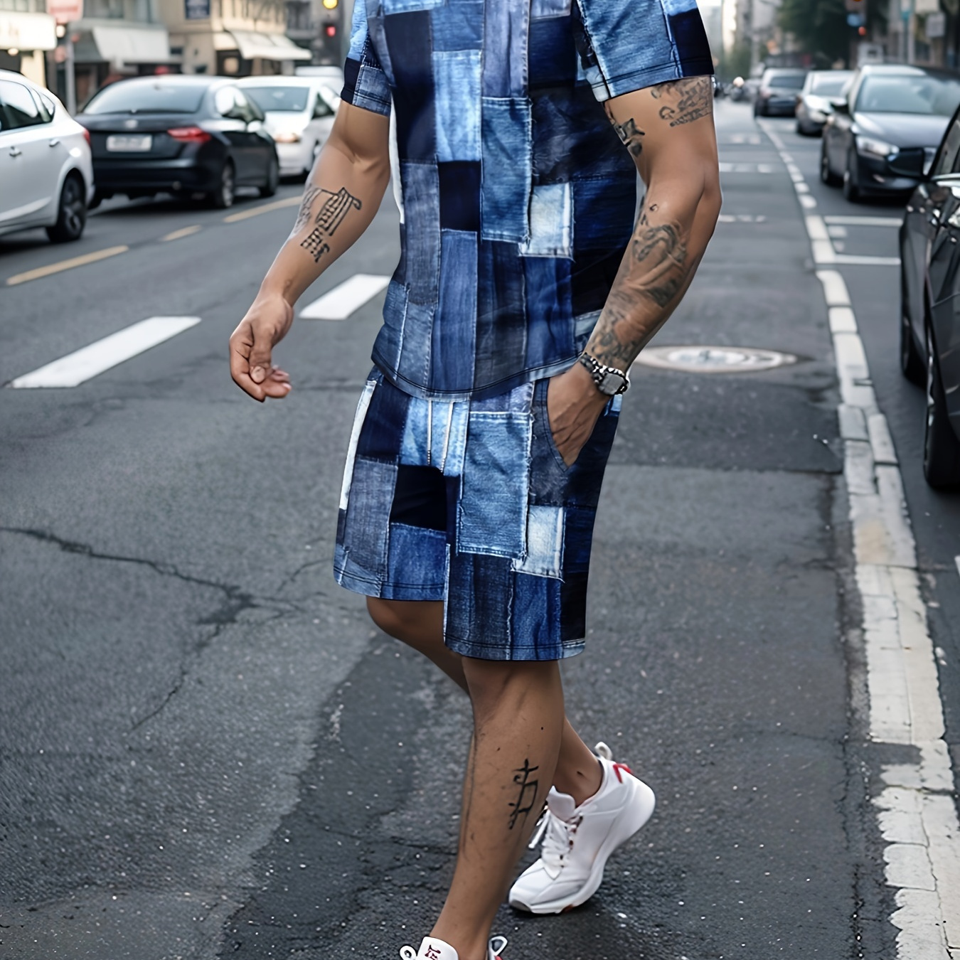 2-piece Men's Patchwork Pattern Print Summer Outfit Set, Men's Short Sleeve Crew Neck T-shirt & Drawstring Shorts With Pockets
2-piece Men's Patchwork Pattern Print Summer Outfit Set, Men's Short Sleeve Crew Neck T-shirt & Drawstring Shorts With Pockets