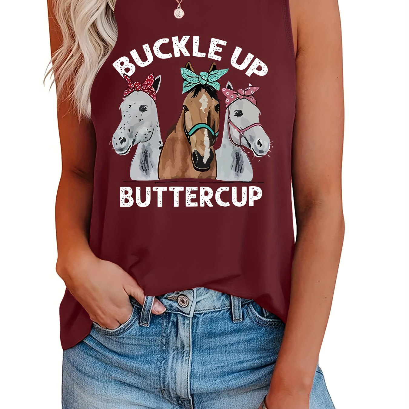 Plus Size Horse & Letter Print Tank Top, Casual Crew Neck Sleeveless Top For Summer, Women's Plus Size Clothing
Plus Size Horse & Letter Print Tank Top, Casual Crew Neck Sleeveless Top For Summer, Women's Plus Size Clothing