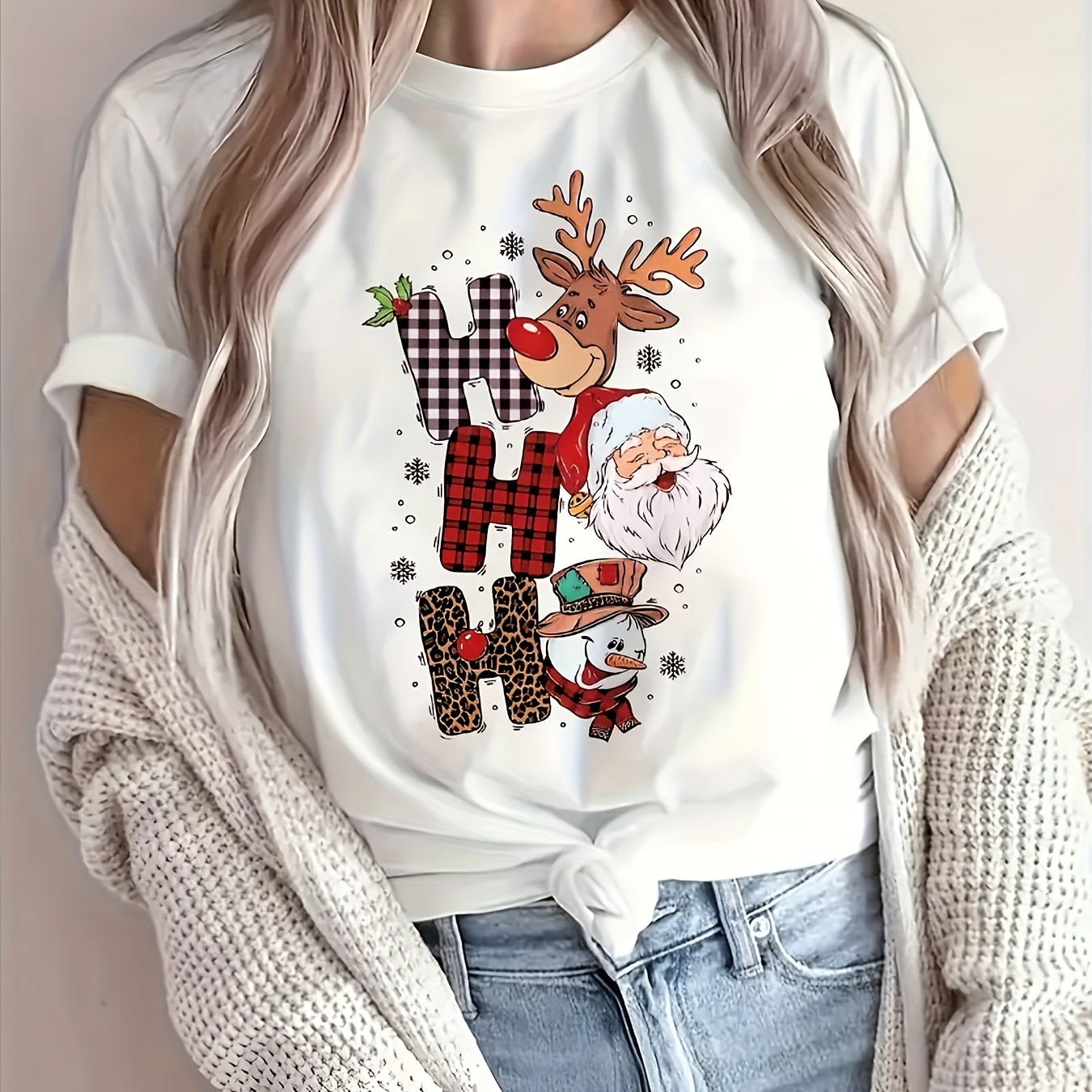 Women's Christmas T-shirt - Soft , Comfortable & Casual With Reindeer & Santa Print, Machine Washable - Holiday Casual Attire, Christmas Shirts
Women's Christmas T-shirt - Soft , Comfortable & Casual With Reindeer & Santa Print, Machine Washable - Holiday Casual Attire, Christmas Shirts