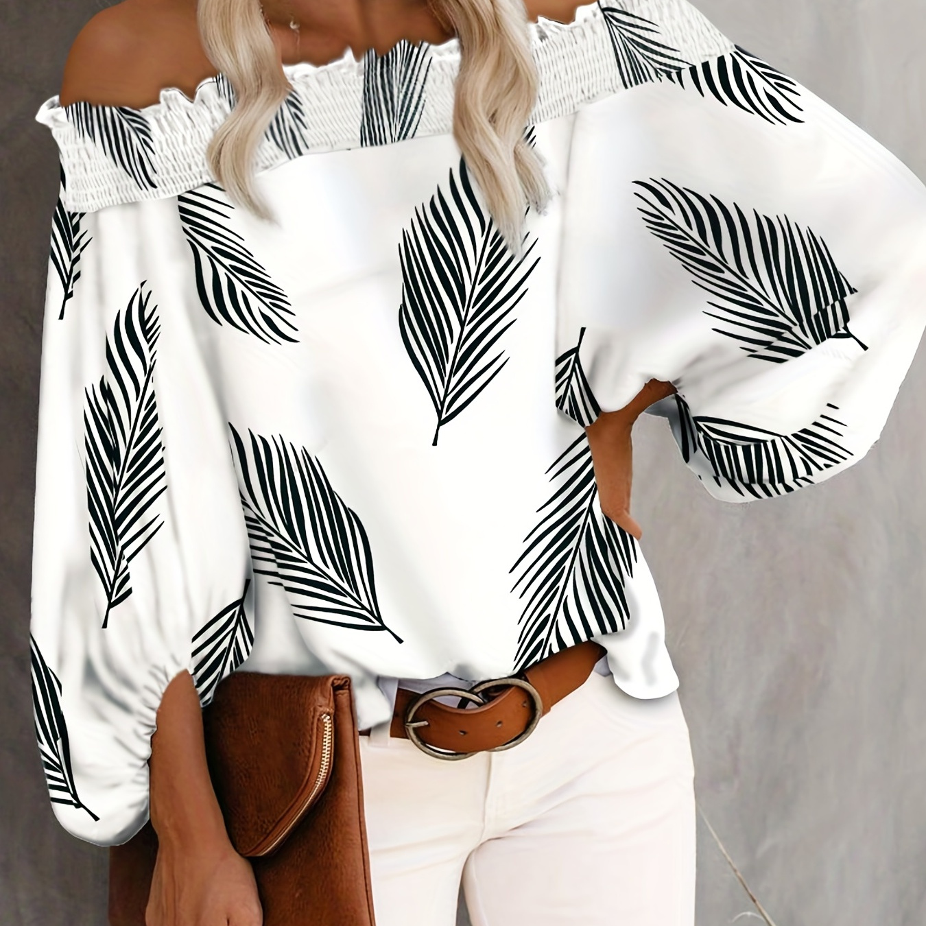 Leaves Print Shirred Trim Blouse, Casual Off Shoulder Long Lantern Sleeve Blouse For Spring & Fall, Women's Clothing
Leaves Print Shirred Trim Blouse, Casual Off Shoulder Long Lantern Sleeve Blouse For Spring & Fall, Women's Clothing