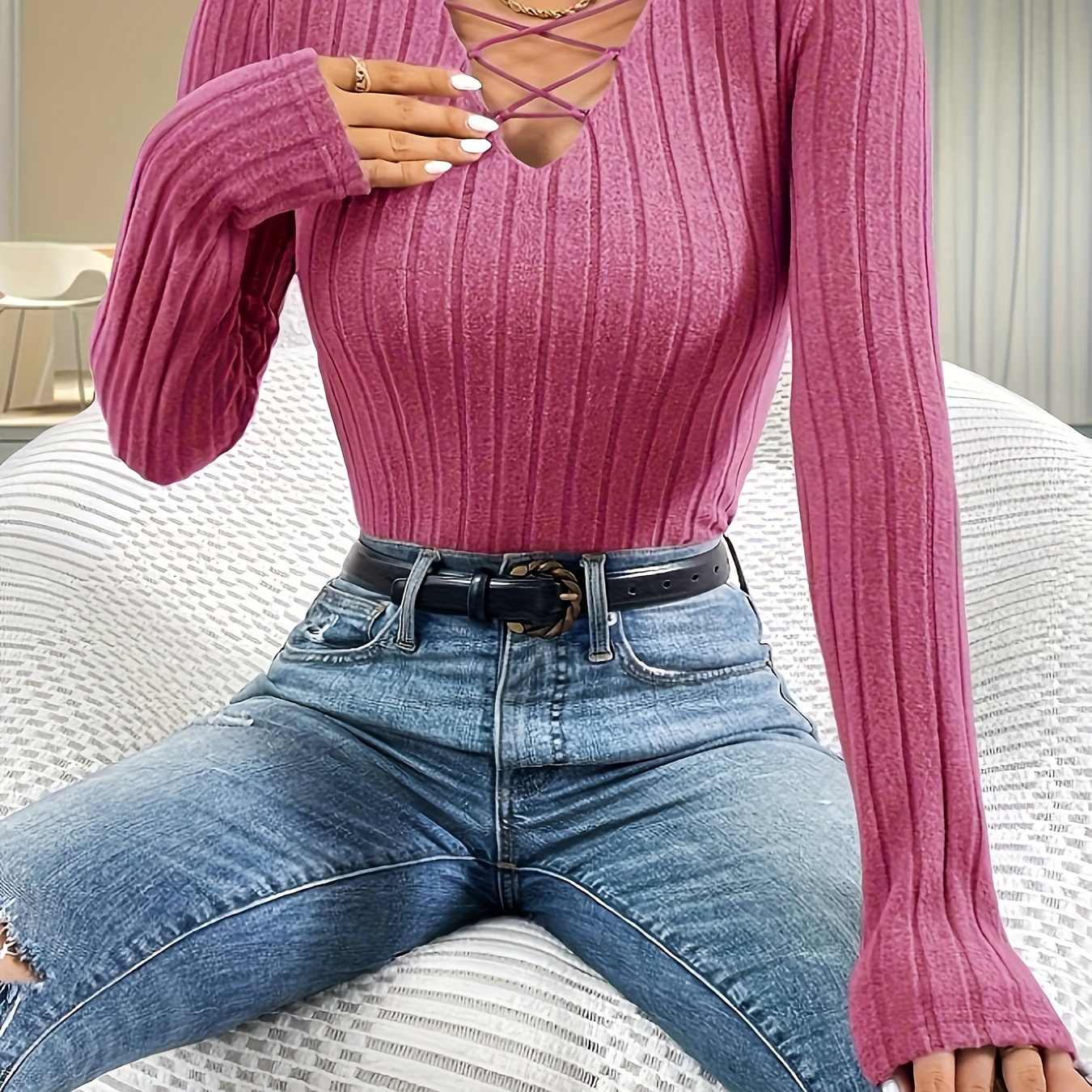 Solid Color V Neck Pullover Sweater, Casual Long Sleeve Ribbed Knitted Sweater For Every Day, Women's Clothing
Solid Color V Neck Pullover Sweater, Casual Long Sleeve Ribbed Knitted Sweater For Every Day, Women's Clothing