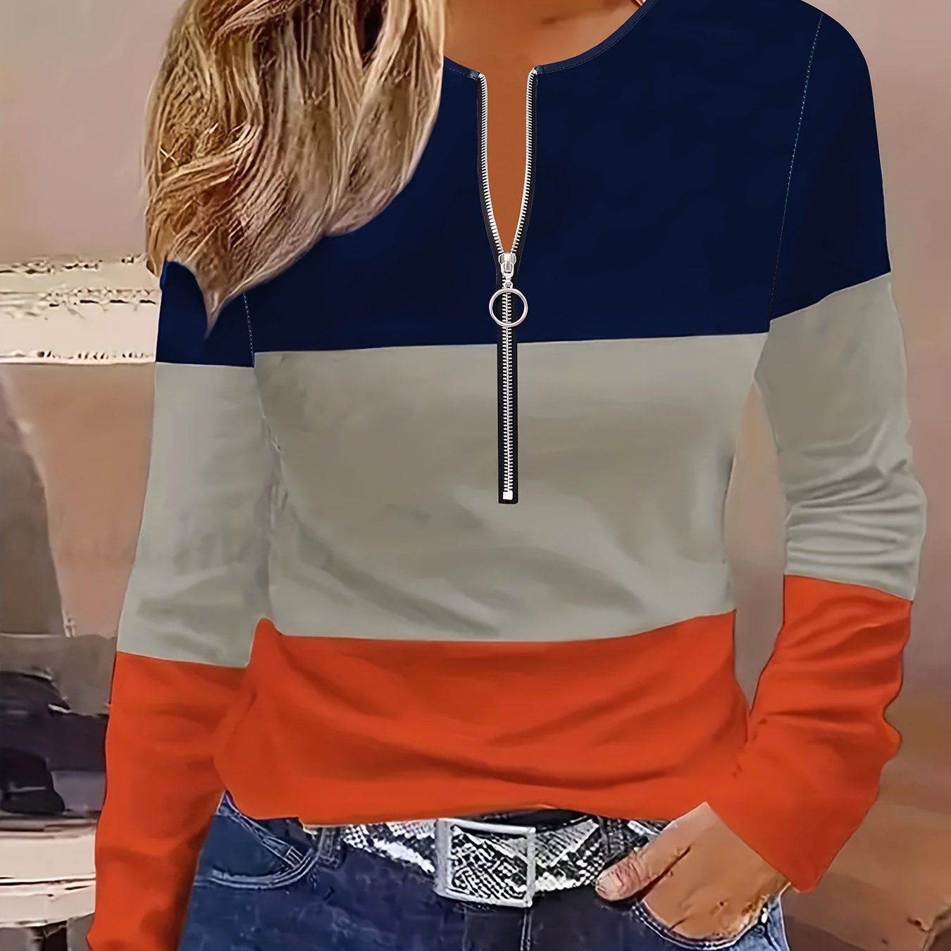 Half Zipper Color Block T-shirt, Casual Long Sleeve Top For Spring & Fall, Women's Clothing
Half Zipper Color Block T-shirt, Casual Long Sleeve Top For Spring & Fall, Women's Clothing
