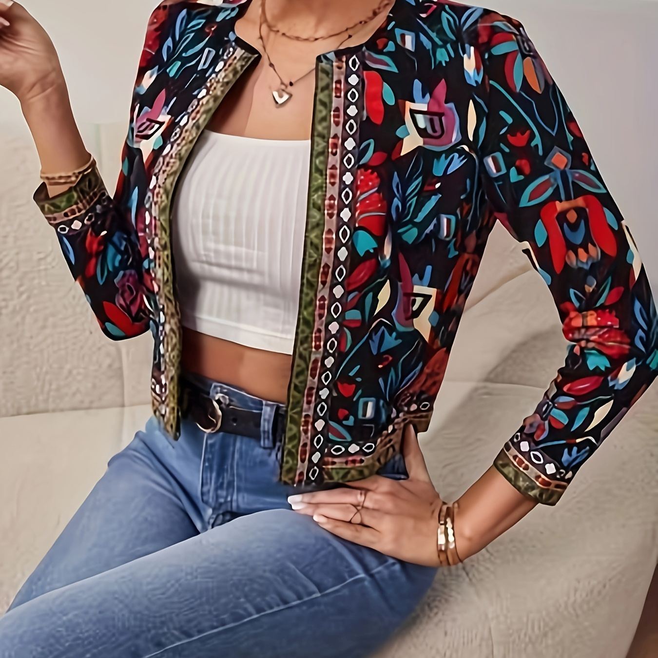 Elegant Ethnic-inspired Open Front Jacket For Women - Polyester, Machine Washable, Casual Outerwear
Elegant Ethnic-inspired Open Front Jacket For Women - Polyester, Machine Washable, Casual Outerwear