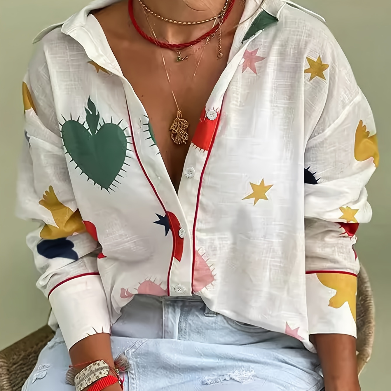 Fashionable Extra Large Texture Fabric Stand Collar Bird Print Red Trim Women's Shirt
Fashionable Extra Large Texture Fabric Stand Collar Bird Print Red Trim Women's Shirt