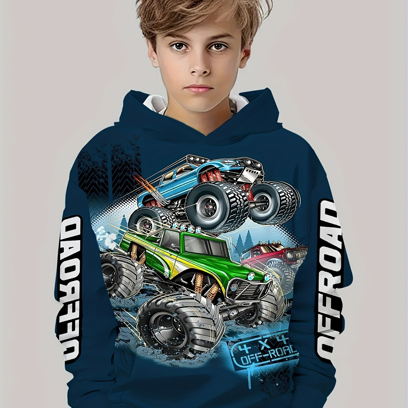 Boys Truck Theme Print Stylish Long Sleeve Hooded Sweatshirt, Regular Fit Soft Pullover Top For Fall And Winter
Boys Truck Theme Print Stylish Long Sleeve Hooded Sweatshirt, Regular Fit Soft Pullover Top For Fall And Winter