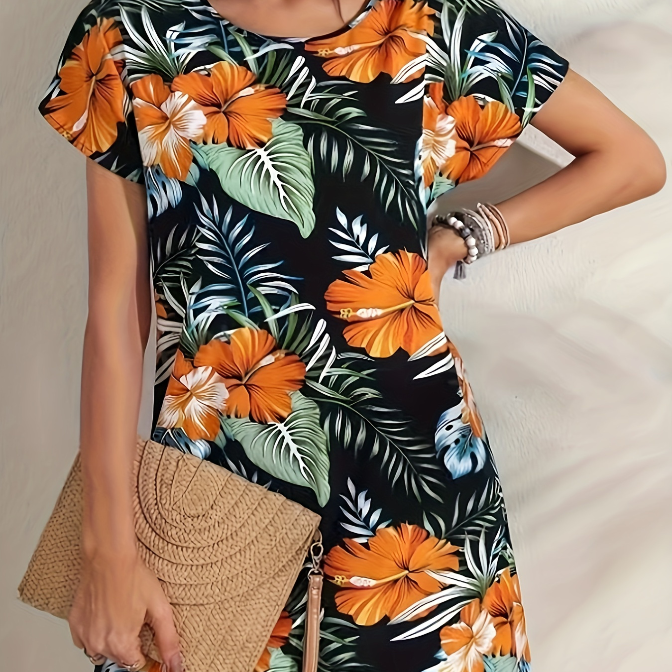 Tropical Print V-neck Dress, Vacation Style Short Sleeve Mini Dress For Spring & Summer, Women's Clothing
Tropical Print V-neck Dress, Vacation Style Short Sleeve Mini Dress For Spring & Summer, Women's Clothing