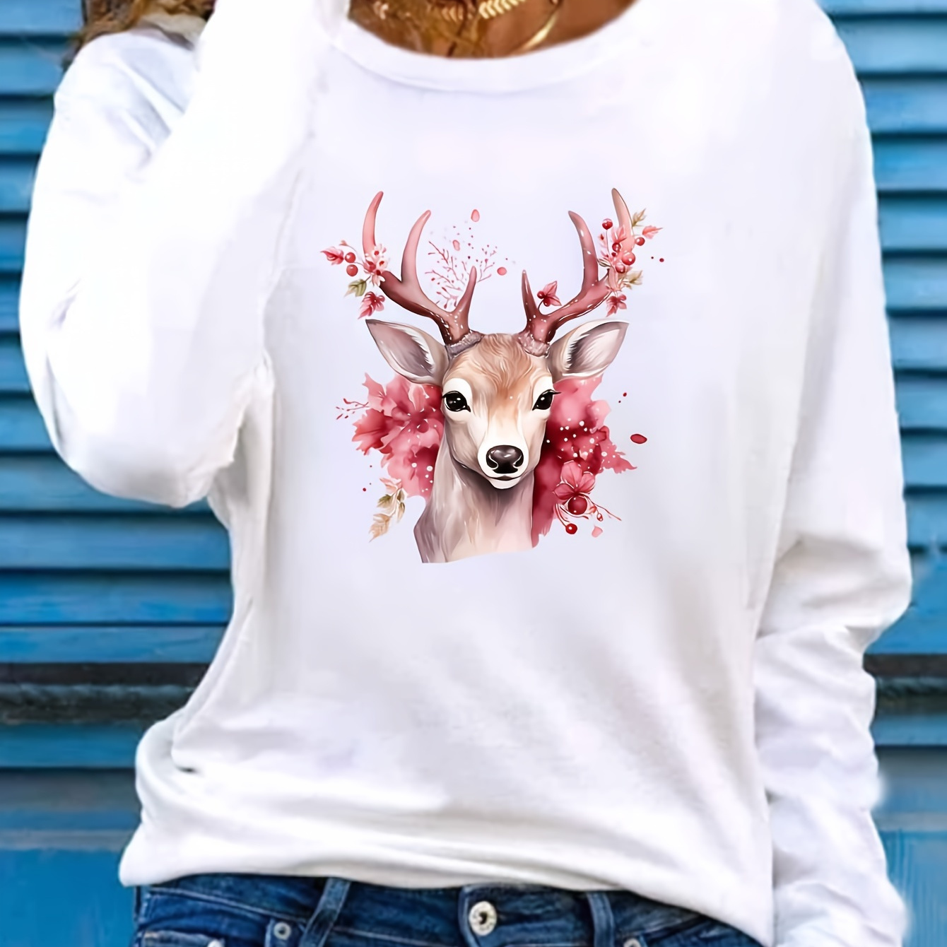 Women's Floral Deer Graphic Long Sleeve T-shirt - Casual Crew Neck, Machine Washable Polyester Top, Spring & Fall
Women's Floral Deer Graphic Long Sleeve T-shirt - Casual Crew Neck, Machine Washable Polyester Top, Spring & Fall