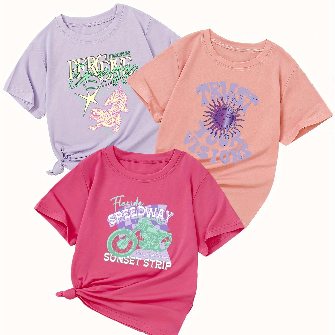 3pcs Creative Pattern Girls Creative Top, Casual Short Sleeve Crew Neck T-shirt, Girls Clothing For Summer Outdoor
3pcs Creative Pattern Girls Creative Top, Casual Short Sleeve Crew Neck T-shirt, Girls Clothing For Summer Outdoor
