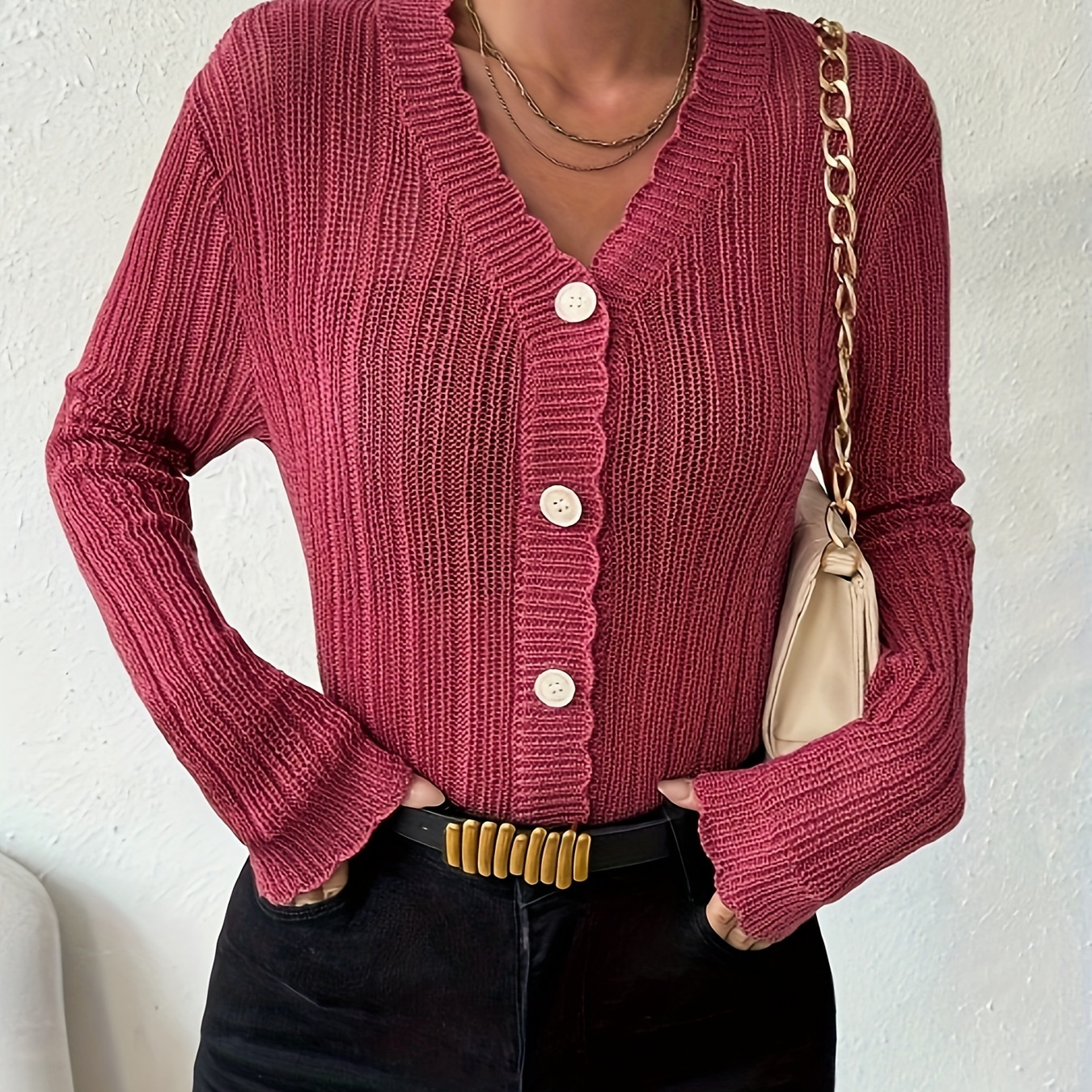 Solid Color Button Front Cardigans, Elegant Loose Long Sleeve Knitted Cardigans Top For Spring & Fall, Women's Clothing
Solid Color Button Front Cardigans, Elegant Loose Long Sleeve Knitted Cardigans Top For Spring & Fall, Women's Clothing