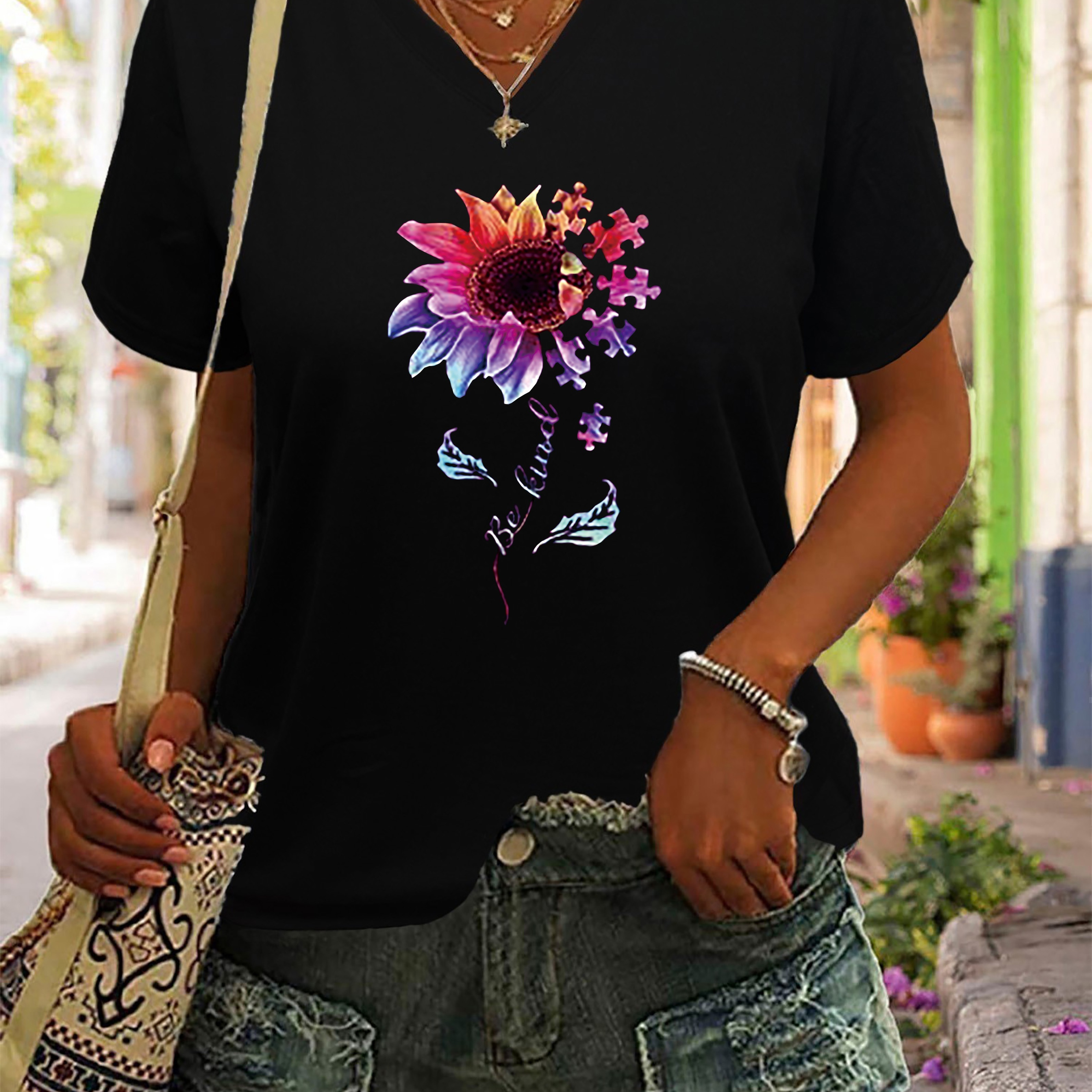 Sunflower Print T-shirt, Short Sleeve V Neck Casual Top For Summer & Spring, Women's Clothing
Sunflower Print T-shirt, Short Sleeve V Neck Casual Top For Summer & Spring, Women's Clothing