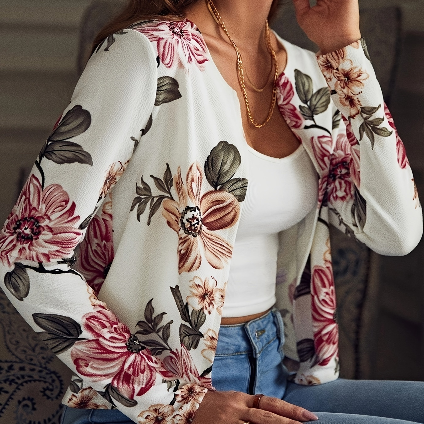 Floral Print Open Front Jacket, Elegant Long Sleeve Jacket For Spring & Fall, Women's Clothing
Floral Print Open Front Jacket, Elegant Long Sleeve Jacket For Spring & Fall, Women's Clothing