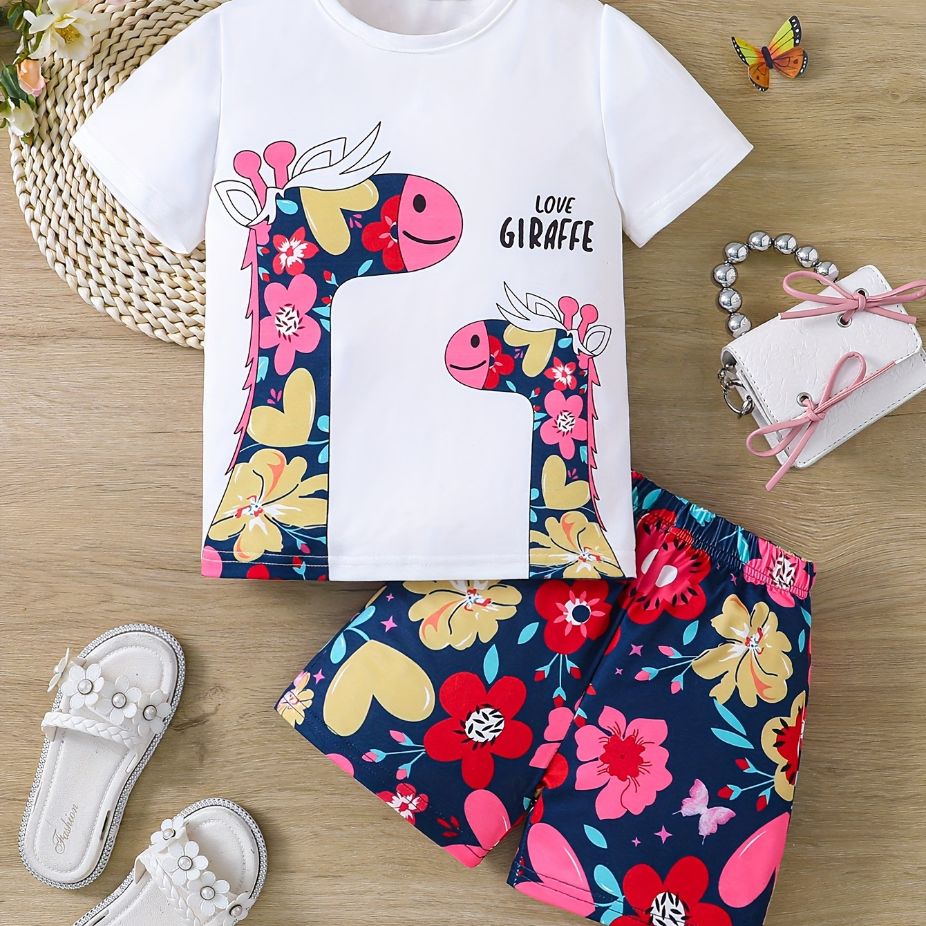 2pcs Girls Giraffe And Flower Print Round Neck Short Sleeve T-shirt & Floral Shorts Summer Casual Set
2pcs Girls Giraffe And Flower Print Round Neck Short Sleeve T-shirt & Floral Shorts Summer Casual Set