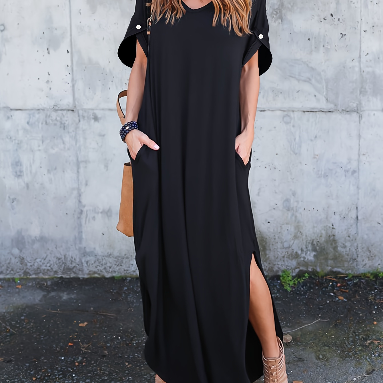Solid Color Pockets Split Maxi Dress, Elegant V-neck Short Sleeve Dress For Spring & Summer, Women's Clothing
Solid Color Pockets Split Maxi Dress, Elegant V-neck Short Sleeve Dress For Spring & Summer, Women's Clothing