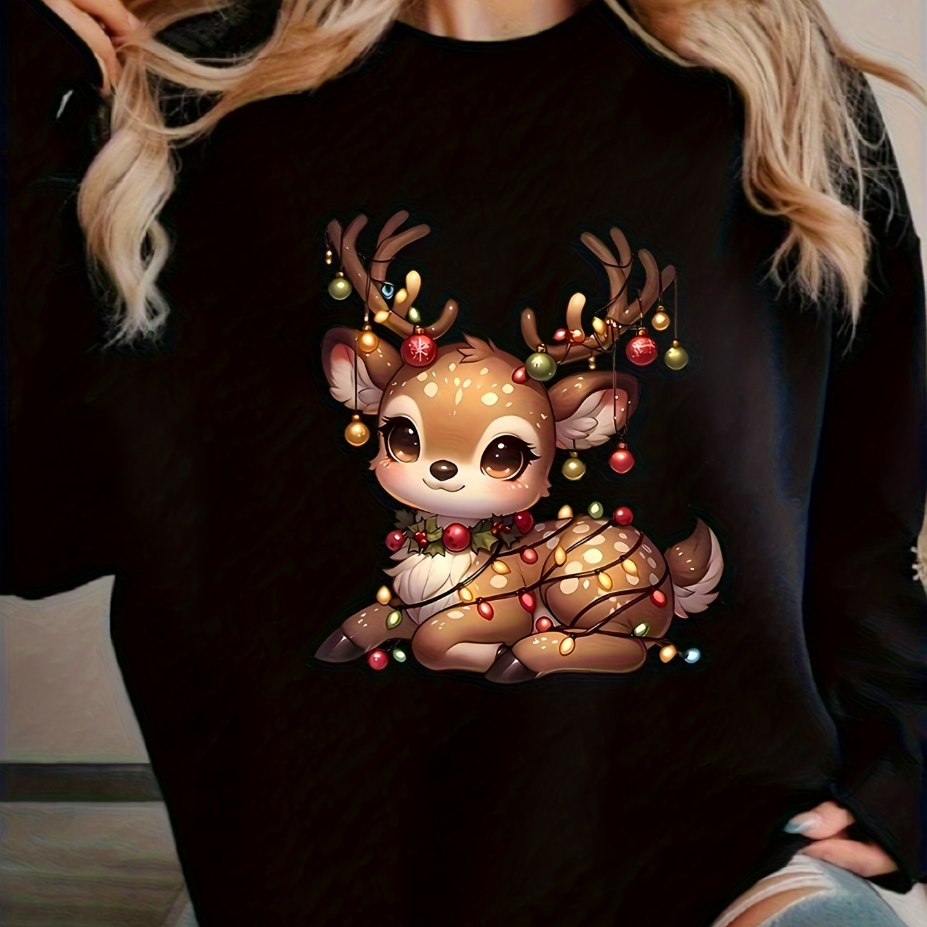 Christmas Reindeer Neck Sweatshirt For Women - Casual Polyester Knit Fabric Pullover With Long Sleeves For Spring/fall - Holiday Design Regular Length Top
Christmas Reindeer Neck Sweatshirt For Women - Casual Polyester Knit Fabric Pullover With Long Sleeves For Spring/fall - Holiday Design Regular Length Top