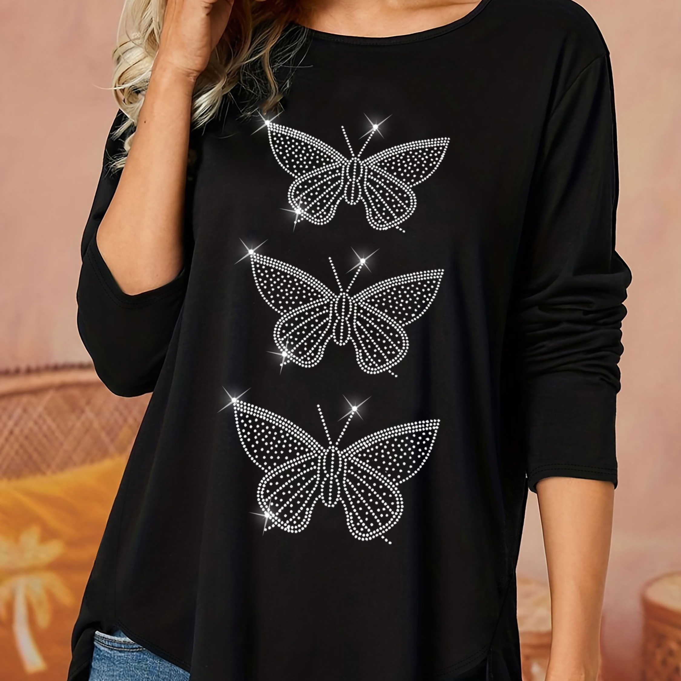 Women's Casual T-shirt, Plus Size Rhinestone Butterfly Print Long Sleeve Round Neck Slight Stretch T-shirt
Women's Casual T-shirt, Plus Size Rhinestone Butterfly Print Long Sleeve Round Neck Slight Stretch T-shirt