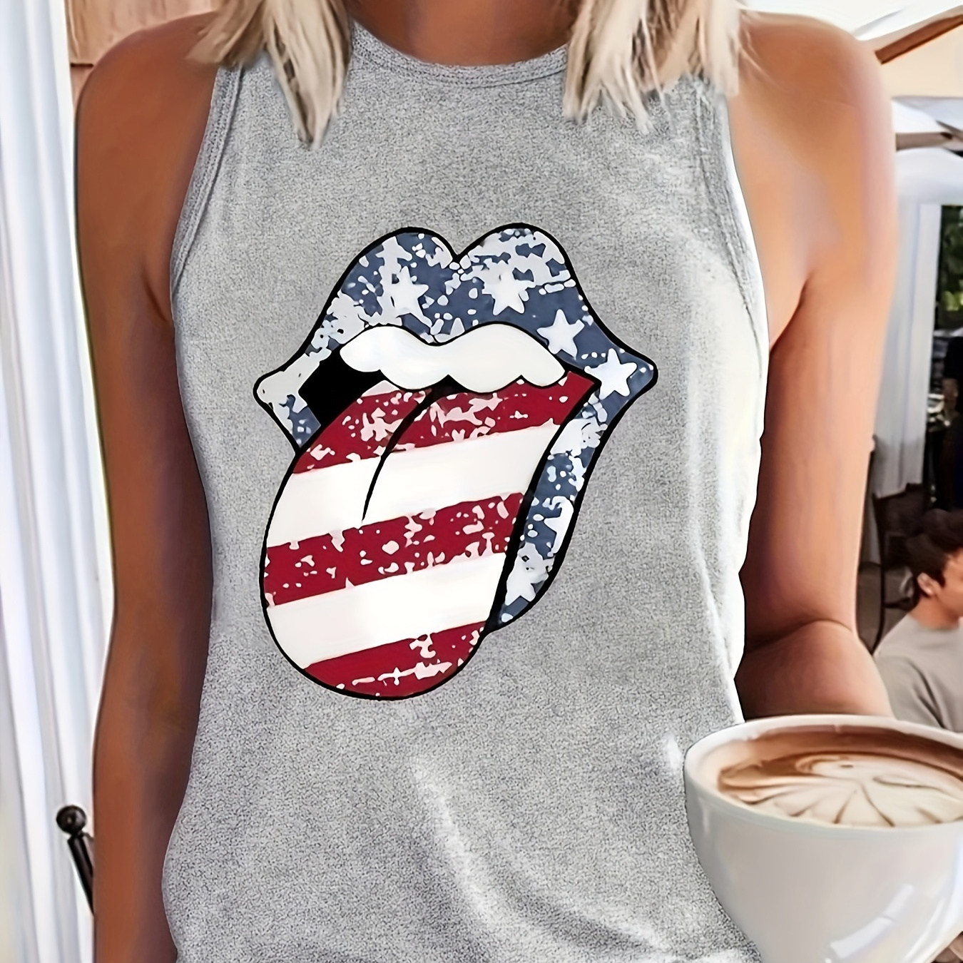 Women's Independence Day Color Block Lip Print Round Neck Stretchy Sleeveless Tank Top, Casual Style
Women's Independence Day Color Block Lip Print Round Neck Stretchy Sleeveless Tank Top, Casual Style