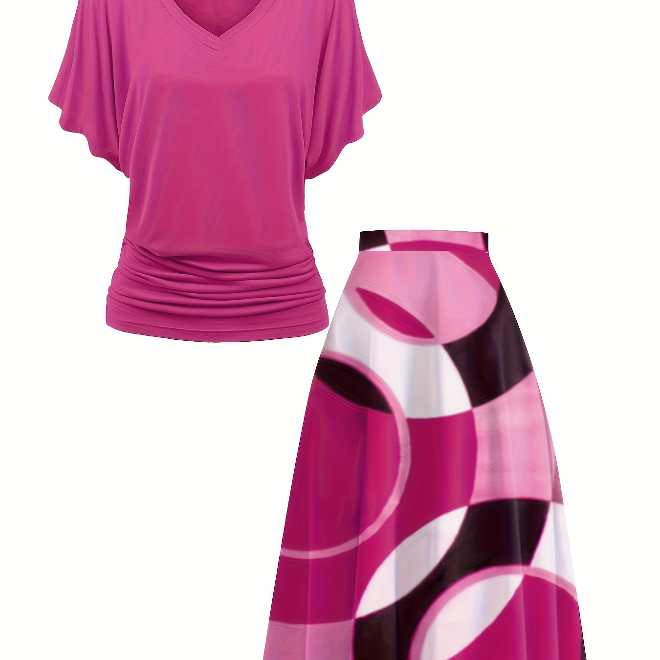 Plus Size Geometric Print Two-piece Set, V Neck Short Sleeve Ruched Top & Skirt Outfits, Women's Plus Size clothing
Plus Size Geometric Print Two-piece Set, V Neck Short Sleeve Ruched Top & Skirt Outfits, Women's Plus Size clothing