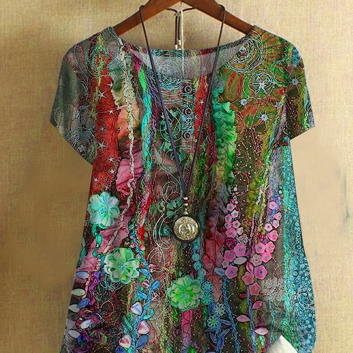 Plus Size Casual Blouse, Women's Plus Floral Print Button Decor Crew Neck Short Sleeve Blouse
Plus Size Casual Blouse, Women's Plus Floral Print Button Decor Crew Neck Short Sleeve Blouse