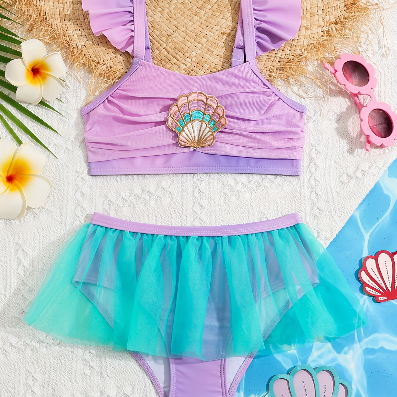 2pcs Girl's Shell Decor Gradient Bikini Set, Lovely Mermaid Style Mesh Splicing Bathing Suit, Girl's Swimsuit For Summer Beach Holiday
2pcs Girl's Shell Decor Gradient Bikini Set, Lovely Mermaid Style Mesh Splicing Bathing Suit, Girl's Swimsuit For Summer Beach Holiday