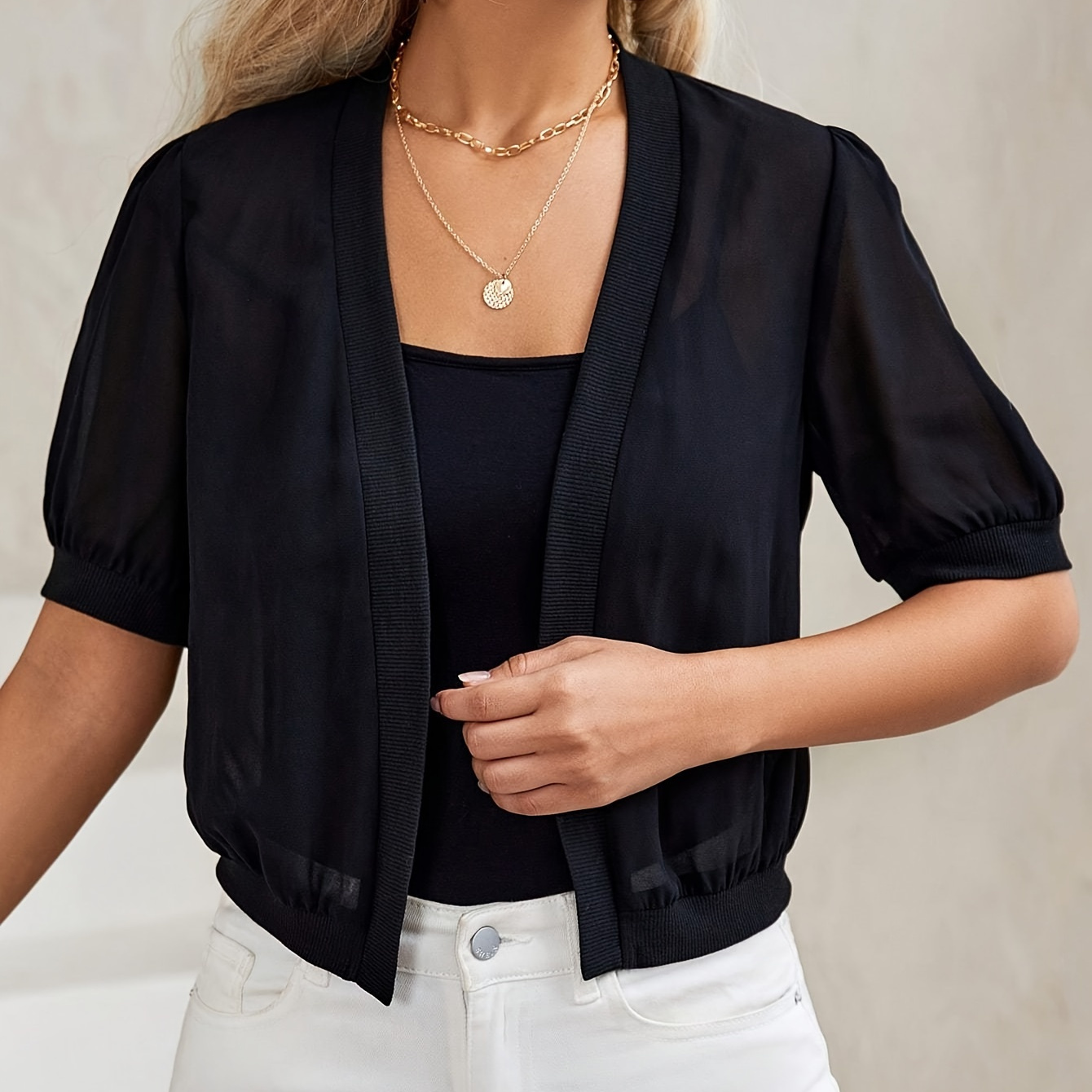 Solid Color Open Front Jacket, Elegant Short Sleeve Jacket For Spring & Fall, Women's Clothing
Solid Color Open Front Jacket, Elegant Short Sleeve Jacket For Spring & Fall, Women's Clothing