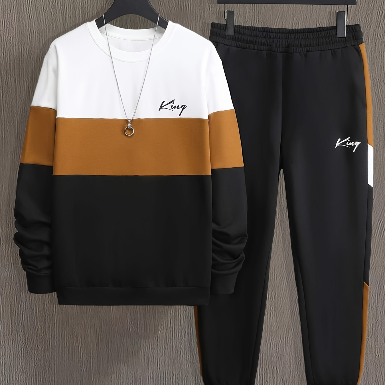 King Men's Casual 2pcs Set: Crew Neck Sweatshirt & Print Joggers - Polyester Knit, Regular Fit For Spring/fall Sports Outfits
King Men's Casual 2pcs Set: Crew Neck Sweatshirt & Print Joggers - Polyester Knit, Regular Fit For Spring/fall Sports Outfits