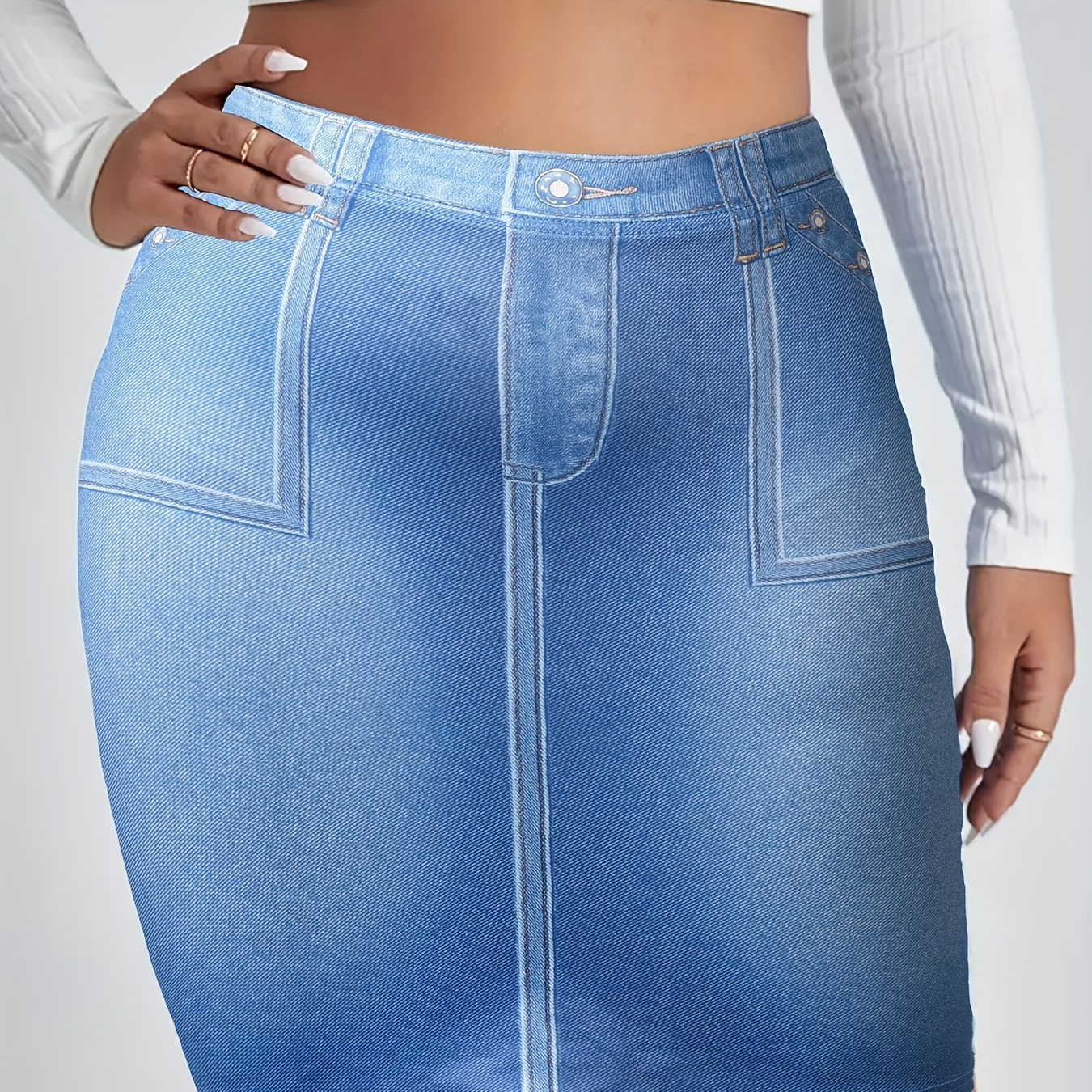 Faux Denim Knee Length Sheath Skirt, Elegant High Waist Skirt For Spring & Summer, Women's Clothing
Faux Denim Knee Length Sheath Skirt, Elegant High Waist Skirt For Spring & Summer, Women's Clothing