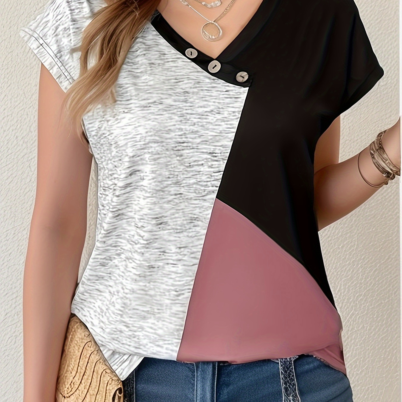 Color Block V Neck Button T-shirt, Casual Short Sleeve T-shirt For Spring & Summer, Women's Clothing
Color Block V Neck Button T-shirt, Casual Short Sleeve T-shirt For Spring & Summer, Women's Clothing