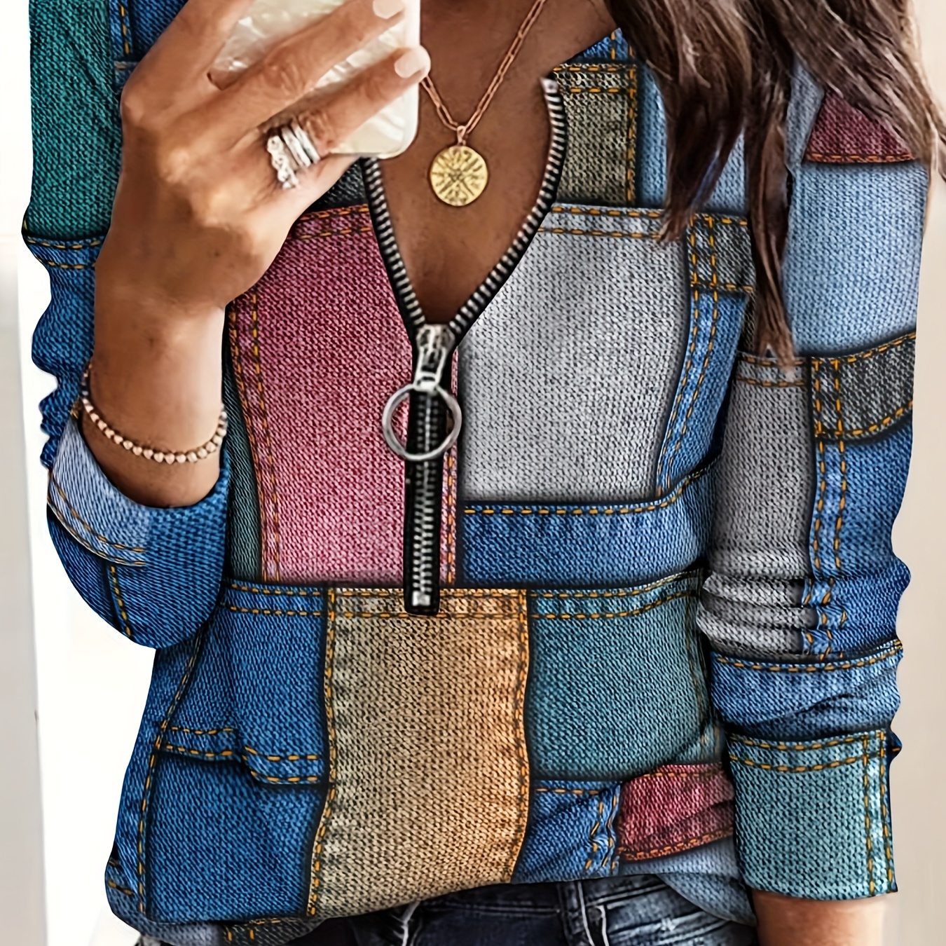 Fashionable V Neck Long Sleeve Pullover Retro Women's Geometric Print Zipper T-shirt Top
Fashionable V Neck Long Sleeve Pullover Retro Women's Geometric Print Zipper T-shirt Top