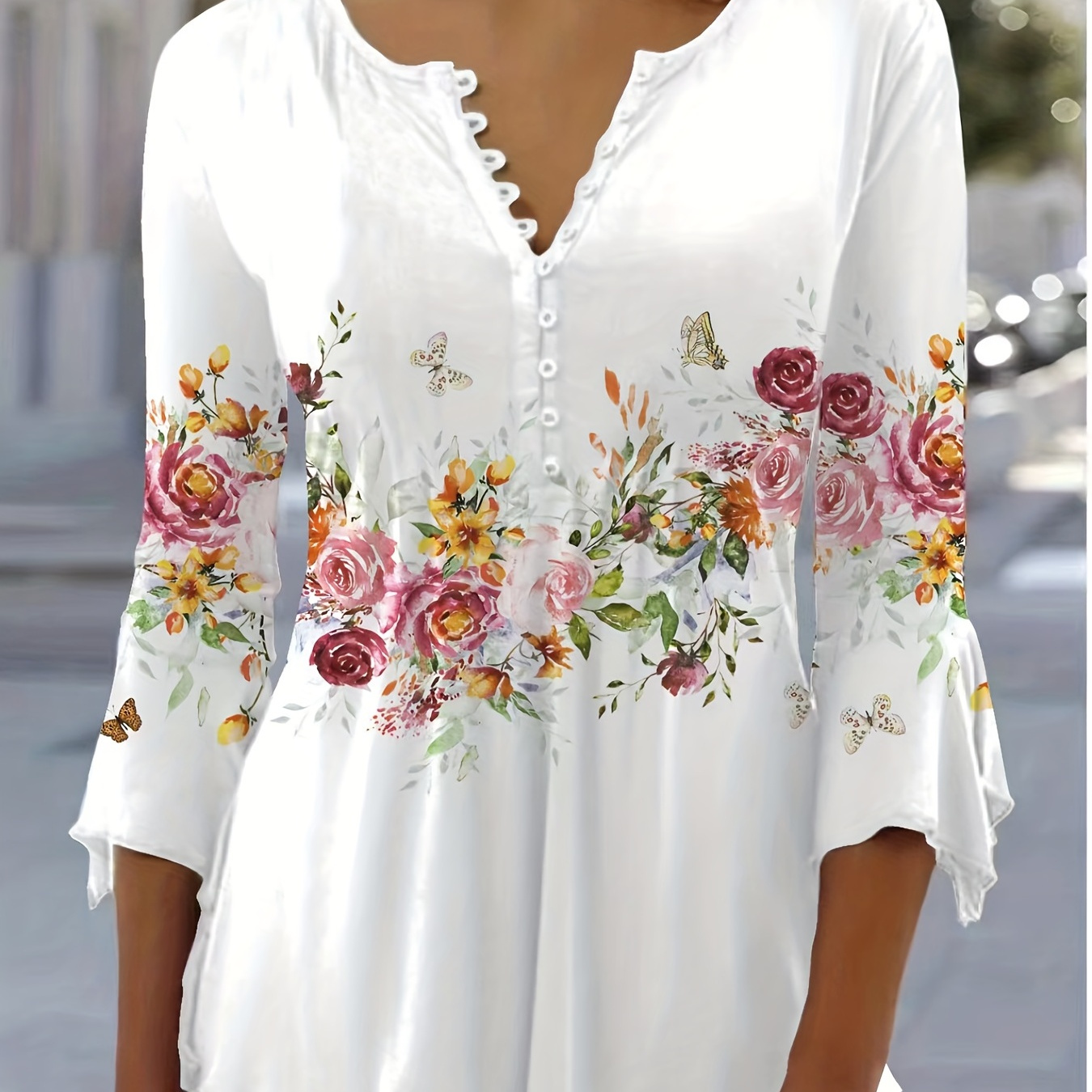 Floral Print Button Front T-shirt, Casual Flare Sleeve Top For Spring & Fall, Women's Clothing
Floral Print Button Front T-shirt, Casual Flare Sleeve Top For Spring & Fall, Women's Clothing